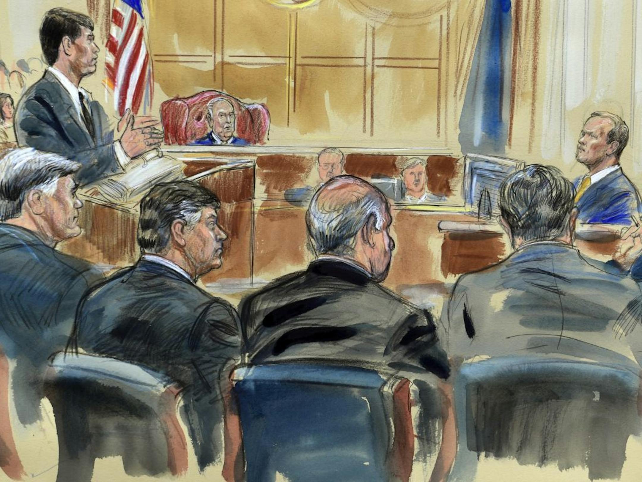 This courtroom sketch depicts Rick Gates, right, answering questions by prosecutor Greg Andres as he testifies in the trial of Paul Manafort, seated second from left, at the Alexandria Federal Courthouse in Alexandria, Va., Monday, Aug. 6, 2018. U.S. district Judge T.S. Ellis III presides as Manafort attorney's including Kevin Downing, left, Thomas Zehnle, third from left, listen.