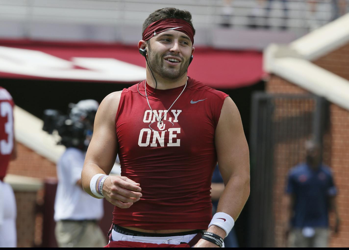 Oklahoma quarterback Baker Mayfield is pictured before an NCAA college football game against UTEP in Norman, Okla., Saturday, Sept. 2, 2017. (AP Photo/Sue Ogrocki)