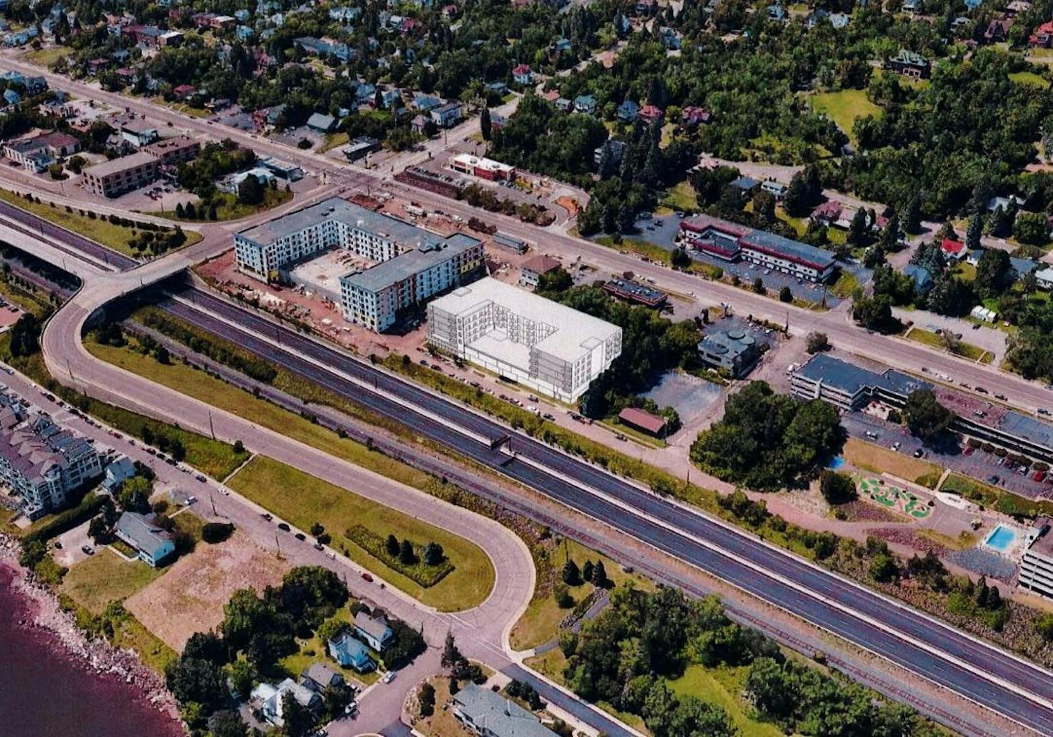 A rendering of the proposed 96-unit Lake Apartments complex is shown next to the Endi complex at 21st Avenue East and London Road in Duluth.