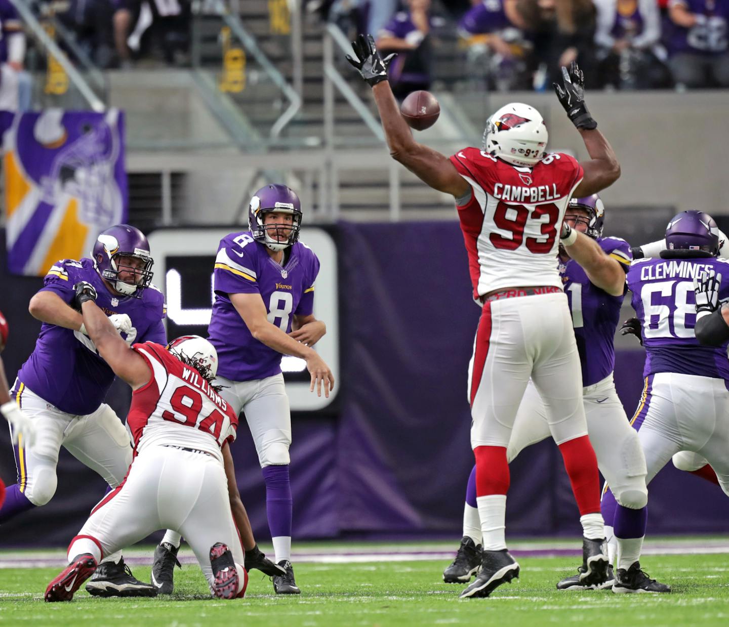 Vikings quarterback Sam Bradford throws an incomplete pass that was tipped by Arizona&#xed;s Calais Campbell in the 1st half. ] Minnesota Vikings -vs- Arizona Cardinals U.S. Bank Stadium
brian.peterson@startribune.com
Minneapolis, MN 11/20/16