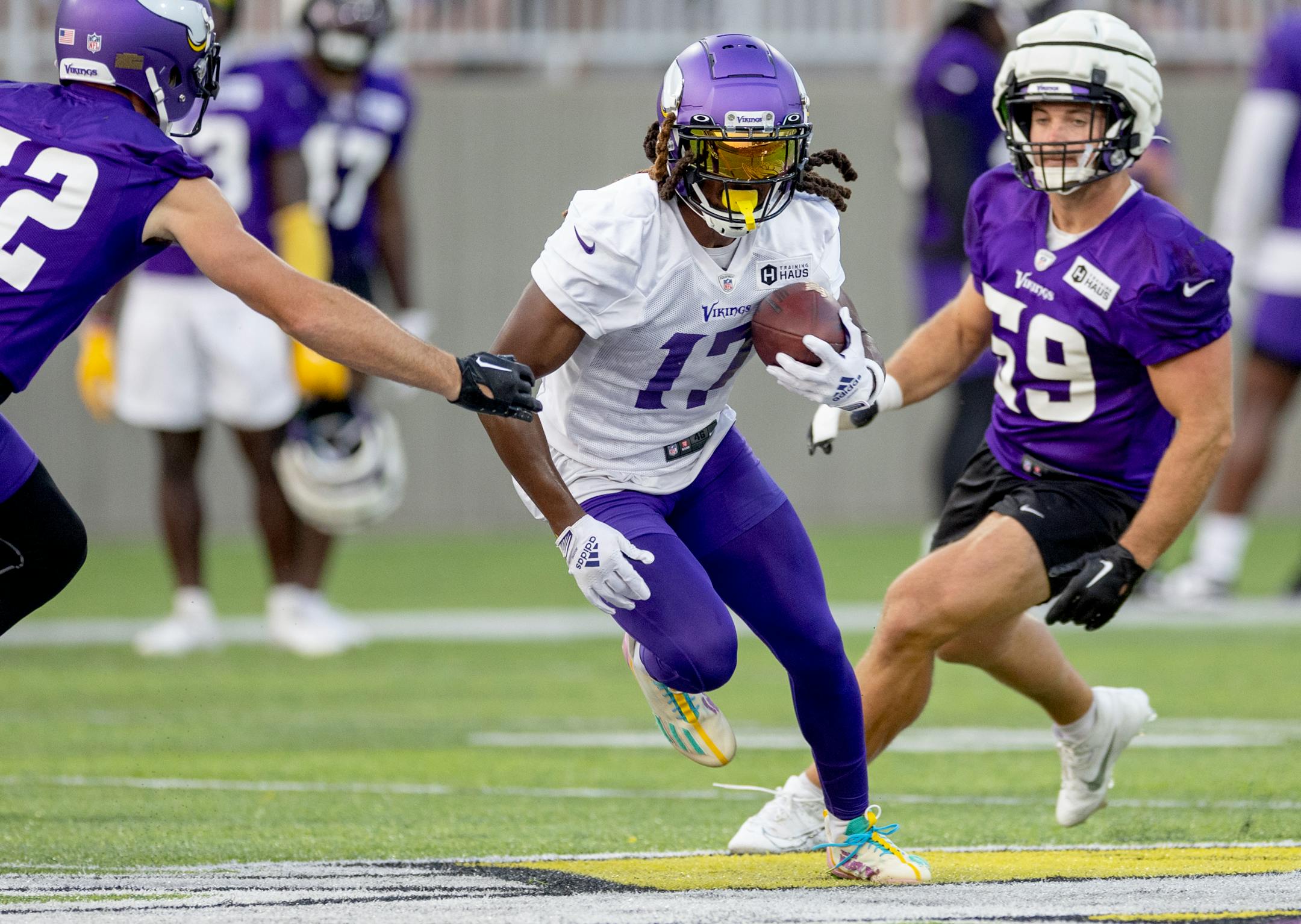 Minnesota Vikings receiver K.J. Osborn (17) during evening practice Tuesday, August 8, 2023, at TCO Stadium in Eagan, Minn.