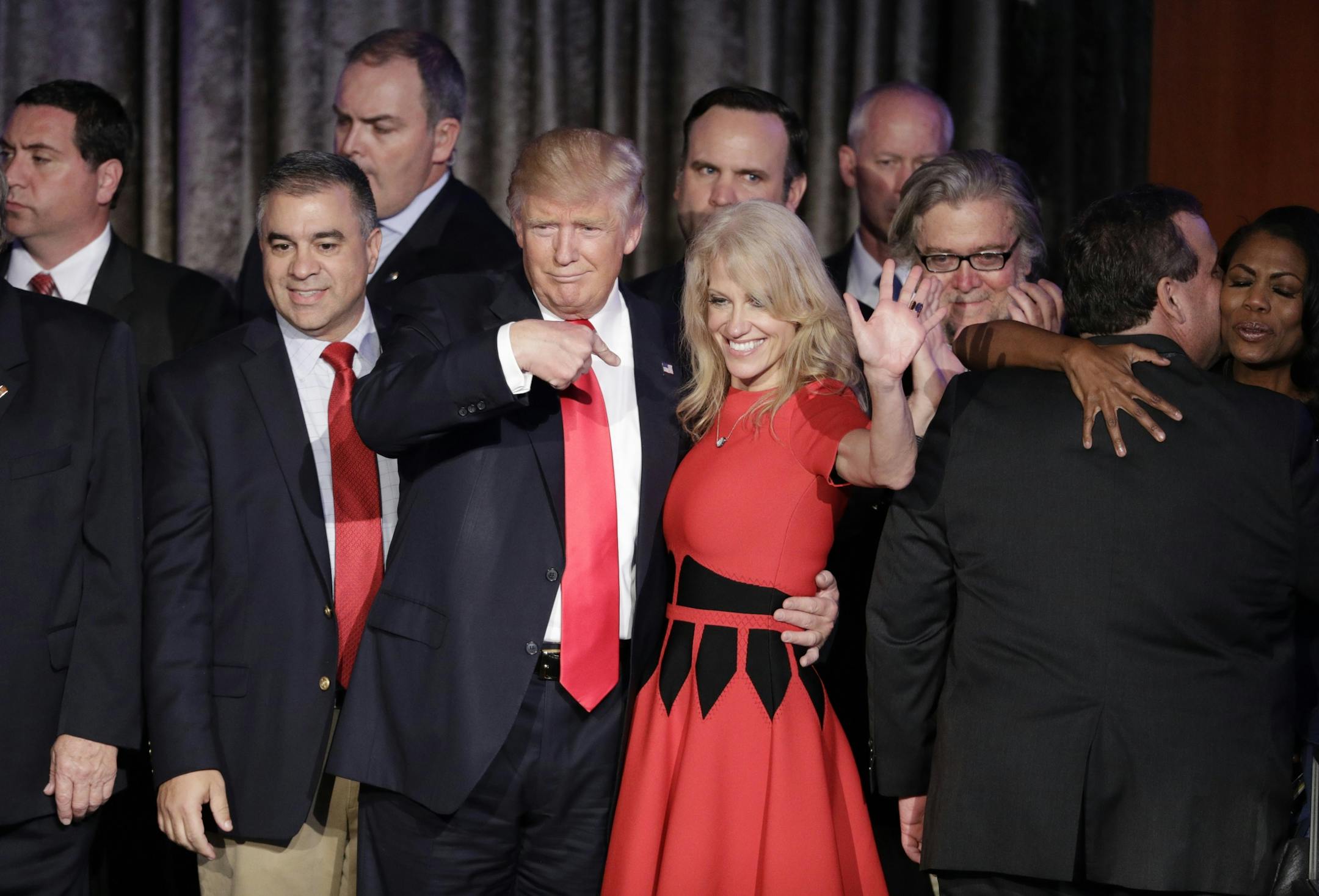 President-elect Donald Trump and campaign manager Kellyanne Conway celebrate during an election night rally Wednesday, Nov. 9, 2016, in New York.