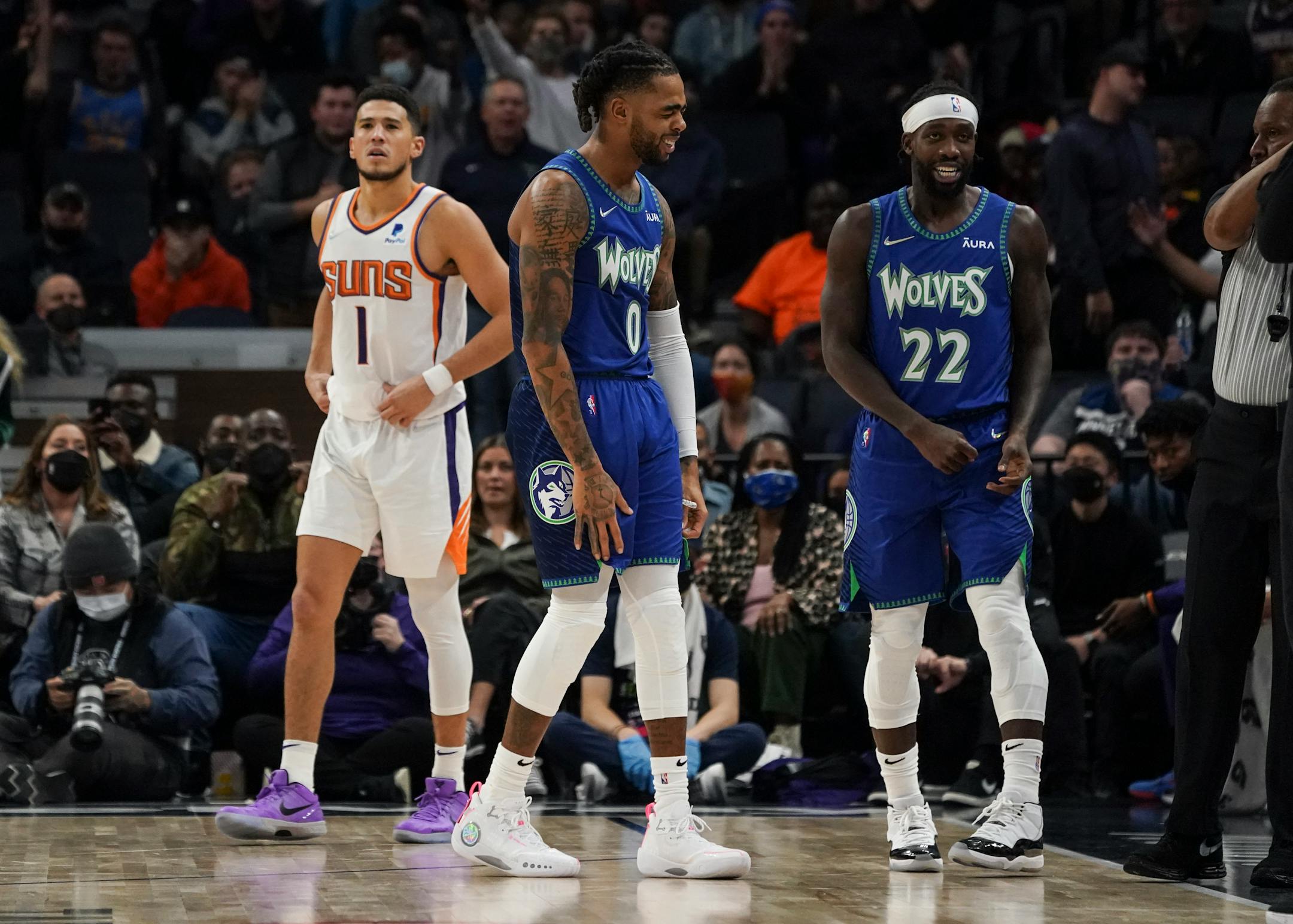 Minnesota Timberwolves guard D'Angelo Russell (0) reacts to fouling in the fourth quarter.