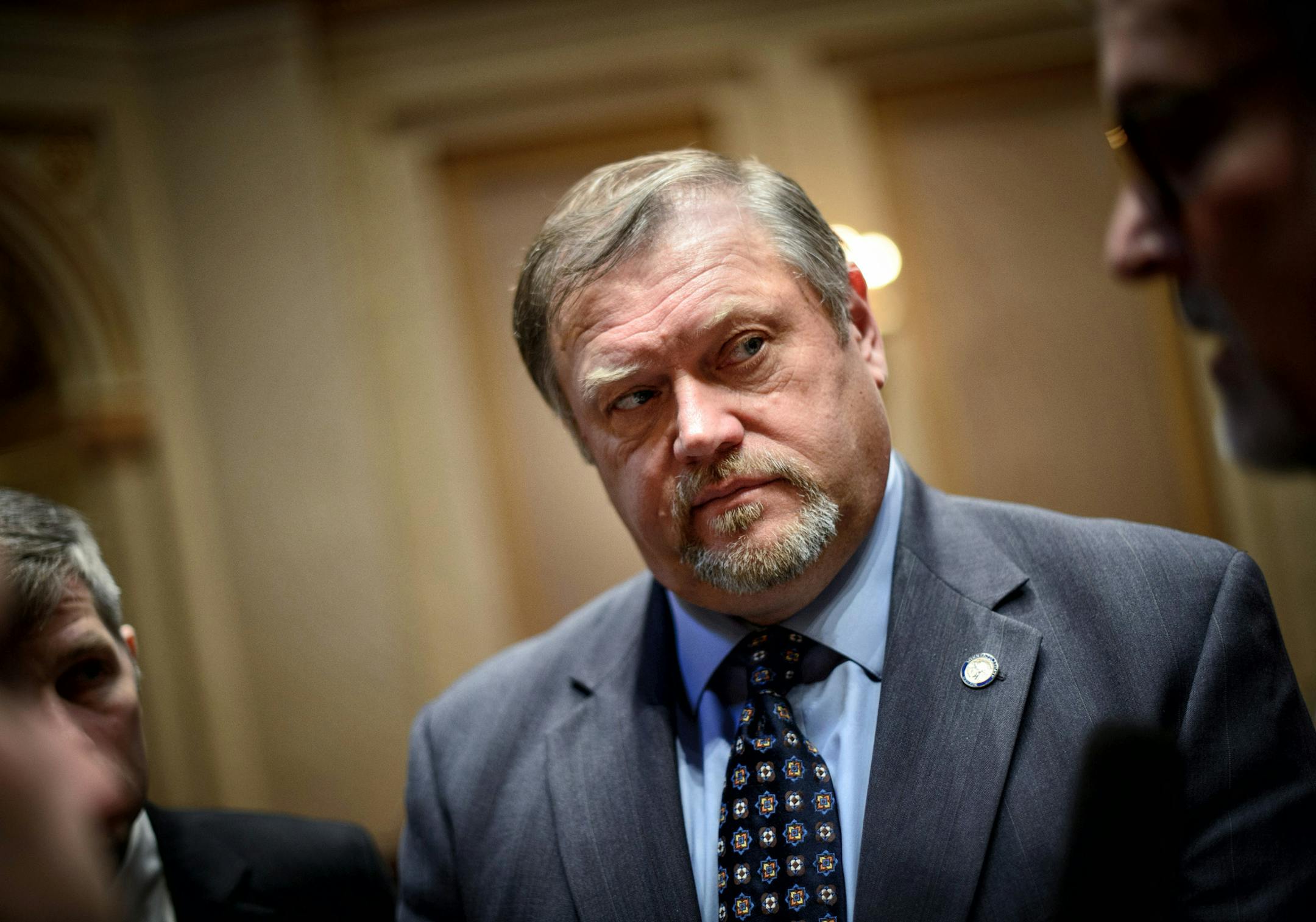 Senate Majority Leader Tom Bakk talked about the budget with reporters at the conclusion of Monday's session. ] GLEN STUBBE * gstubbe@startribune.com Monday, March 31, 2014.