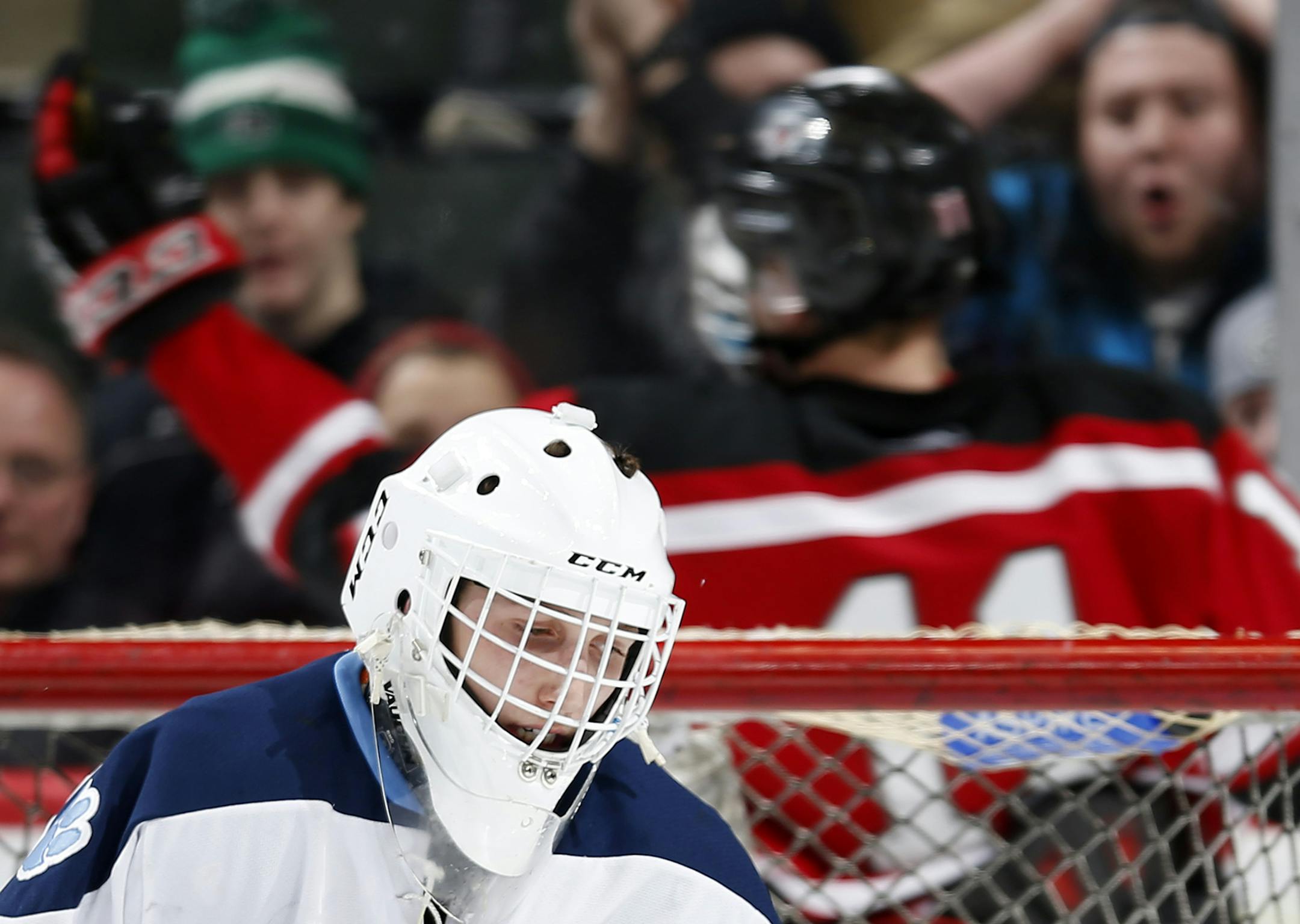 Casey Mittelstadt (11) of Eden Prairie celebrated after shooting the puck Blaine goalie Jon Kallestad (32) for a goal in the second period. ] CARLOS GONZALEZ cgonzalez@startribune.com, March 5, 2015, St. Paul, MN, Xcel Energy Center, Minnesota boys hockey state tournament quarterfinals, Class 2A, Eden Prairie vs. Blaine