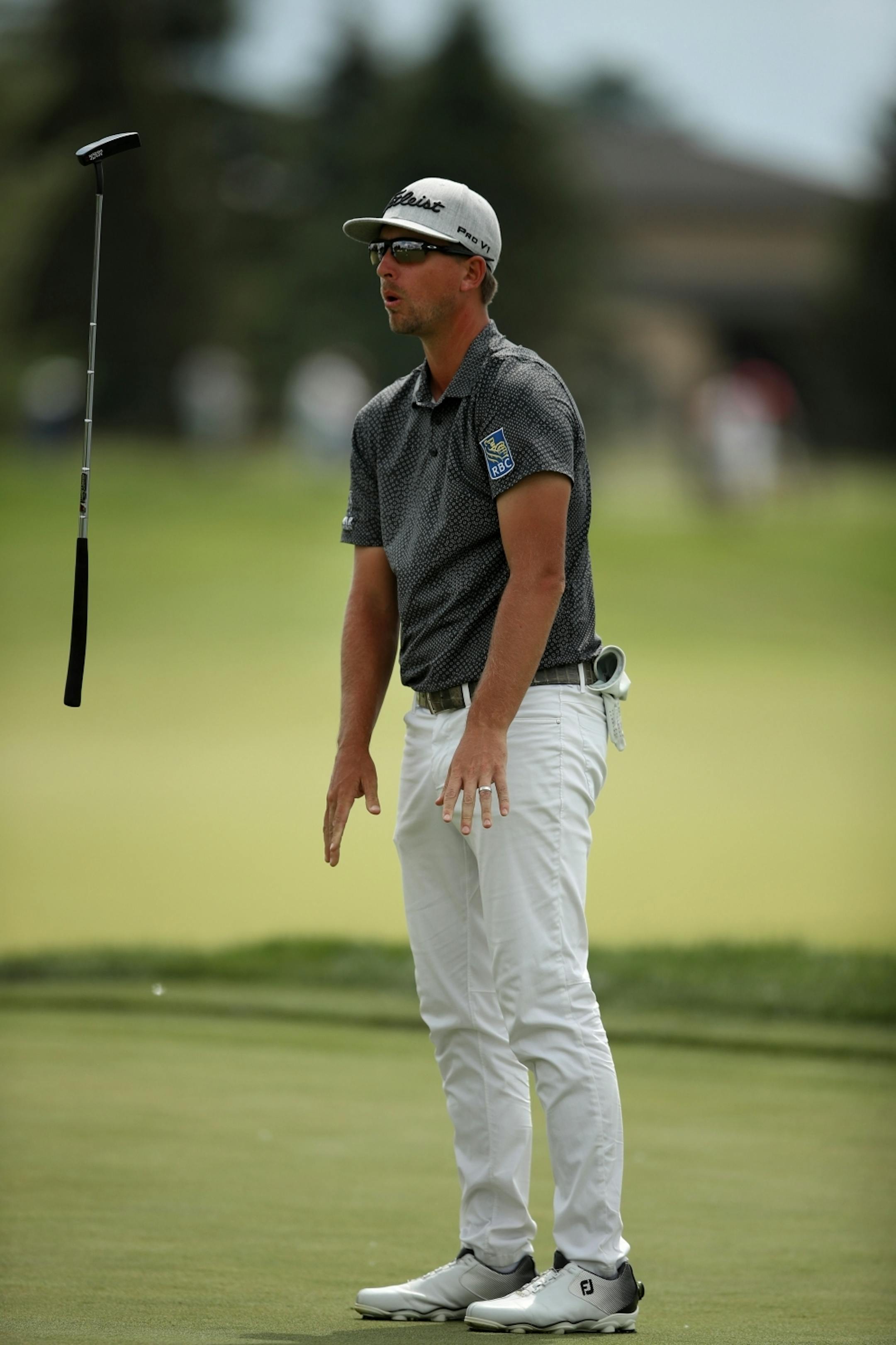 Roger Sloan flipped his putter after missing a birdie shot at 14 during third round action at TPC Twin Cities Saturday July,6 2019 in Blaine, MN.
