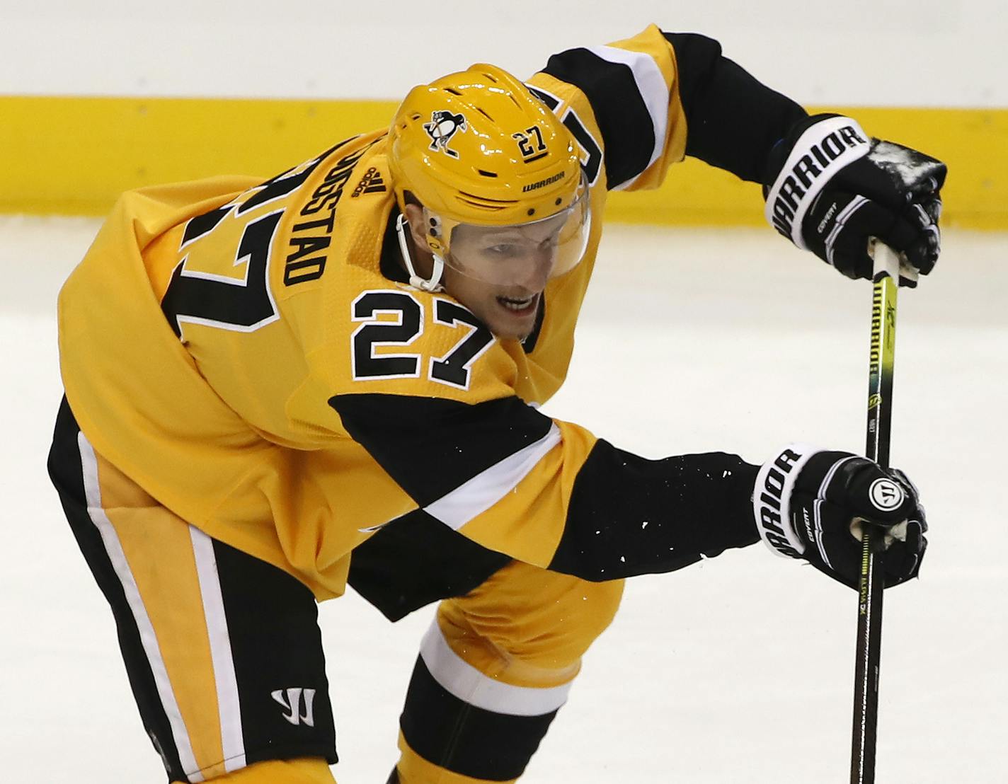 Pittsburgh Penguins' Nick Bjugstad gets off a pass during the first period of an NHL hockey game against the Chicago Blackhawks in Pittsburgh, Saturday, Nov. 9, 2019. (AP Photo/Gene J. Puskar) ORG XMIT: PAGP