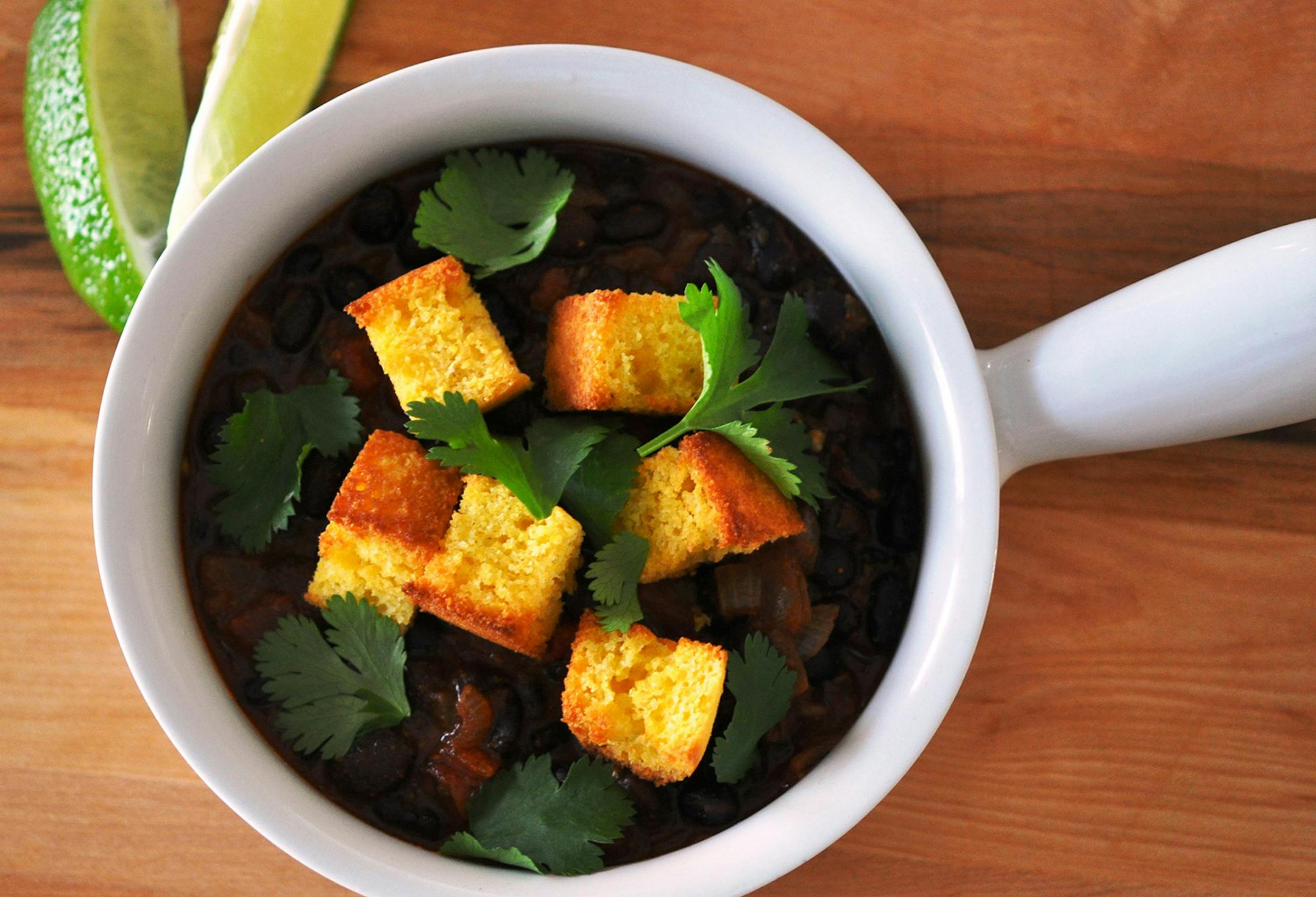 Black Bean Chili With Cornbread Croutons. Photo by Meredith Deeds, Special to the Star Tribune.