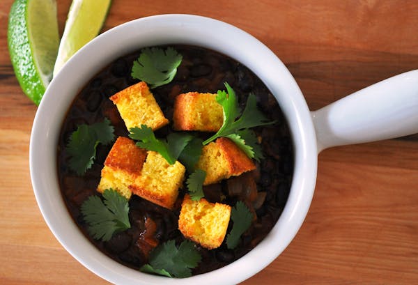 Black Bean Chili With Cornbread Croutons. Photo by Meredith Deeds, Special to the Star Tribune.