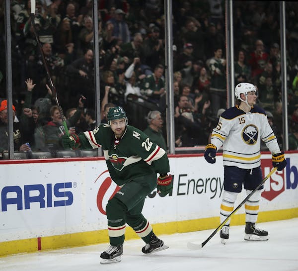 Minnesota Wild right wing Nino Niederreiter (22) celebrated his hat trick in the second period.