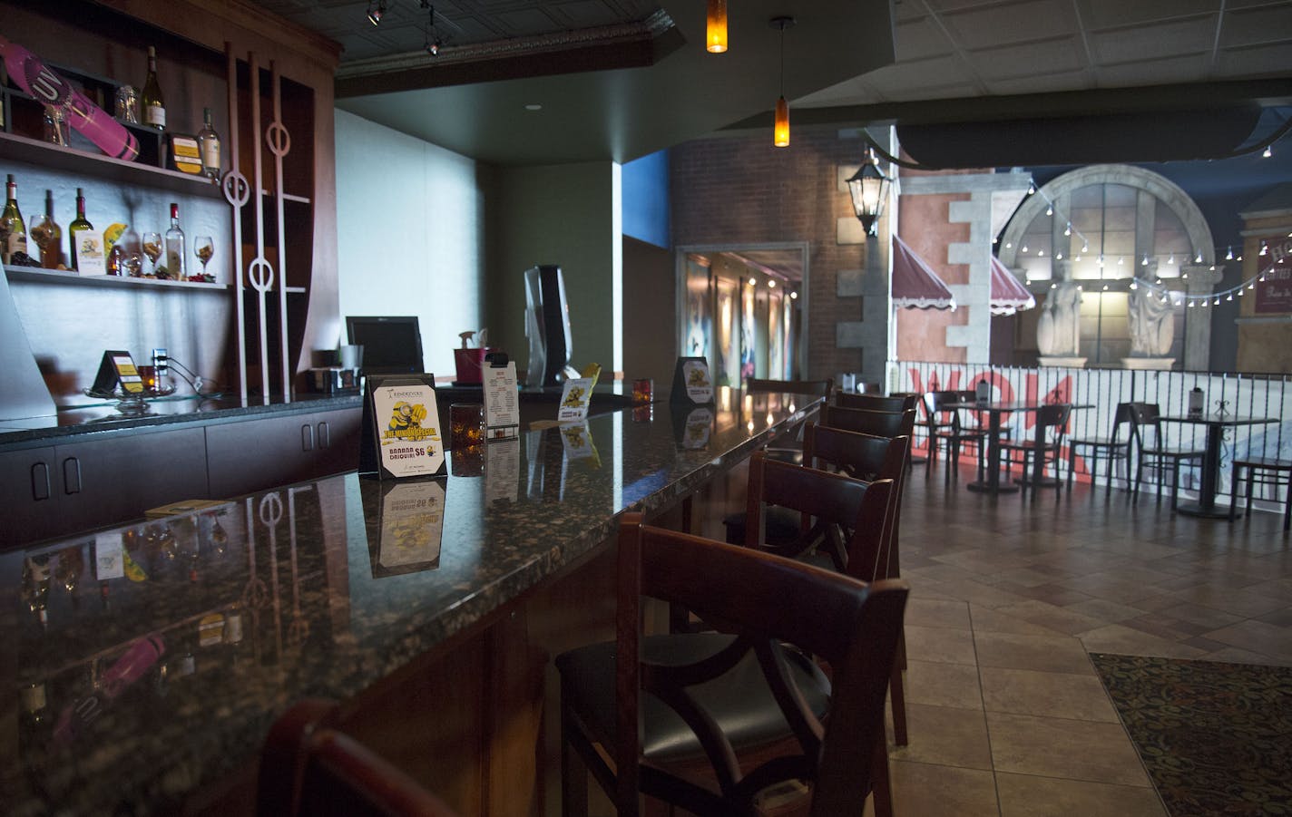 The upstairs restaurant and bar at St. Michael Cinema in St. Michael, Minn., on Friday July 10, 2015. The St. Michael Cinema recently re-opened under new ownership and features an IMAX screen, reclining seats, self-service soda machines and a sit-down restaurant. ] RACHEL WOOLF &#x2211; rachel.woolf@startribune.com