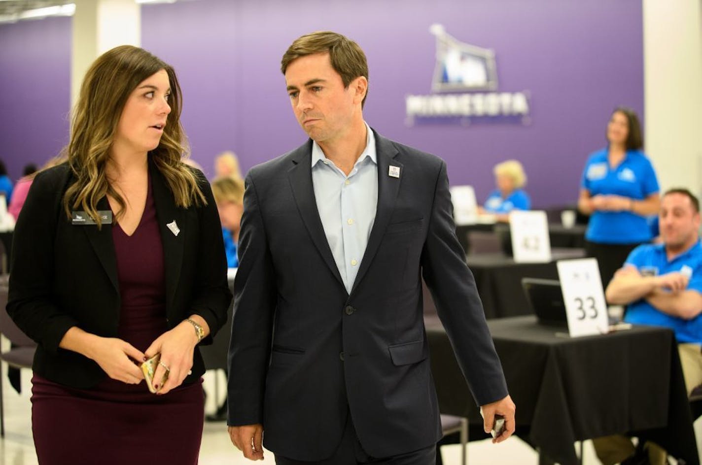 NFL executive Peter O'Reilly was given a tour of the Super Bowl volunteer headquarters Tuesday afternoon by Elle Kehoe, director of volunteers for the Super Bowl.