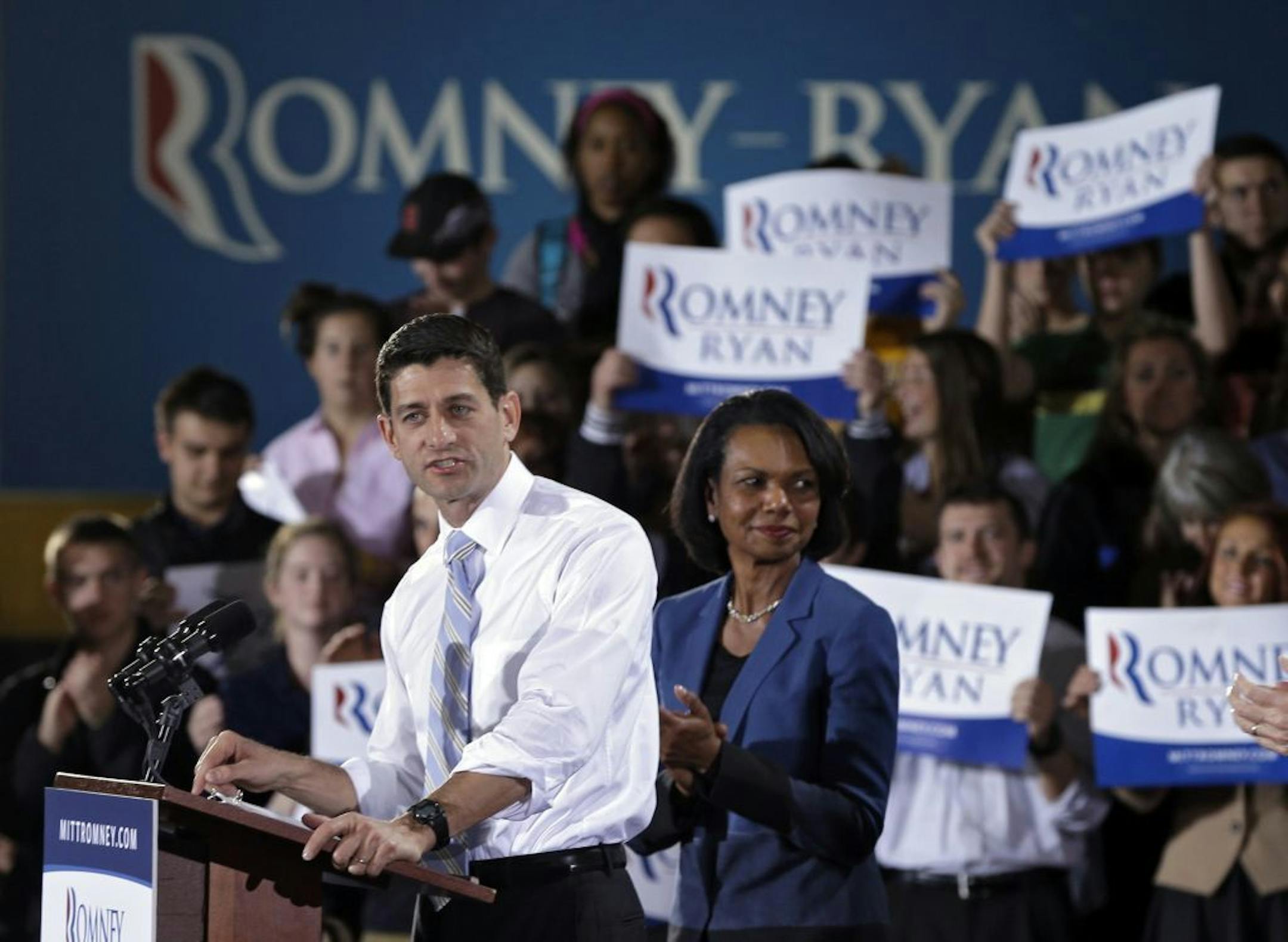 Republican vice presidential candidate, Rep. Paul Ryan, R-Wis., accompanied by former Secretary of State Condoleezza Rice, speaks at a campaign rally at Baldwin Wallace University in Berea, Ohio, Wednesday, Oct. 17, 2012.