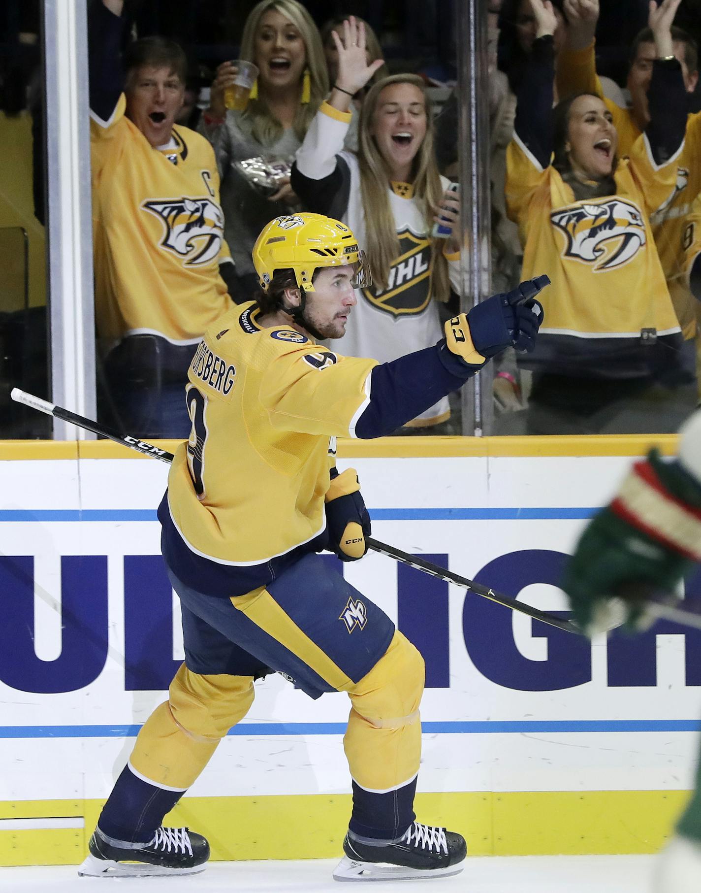 Nashville Predators left wing Filip Forsberg, of Sweden, celebrates after scoring a goal against the Minnesota Wild in the second period of an NHL hockey game Monday, Oct. 15, 2018, in Nashville, Tenn. (AP Photo/Mark Humphrey)