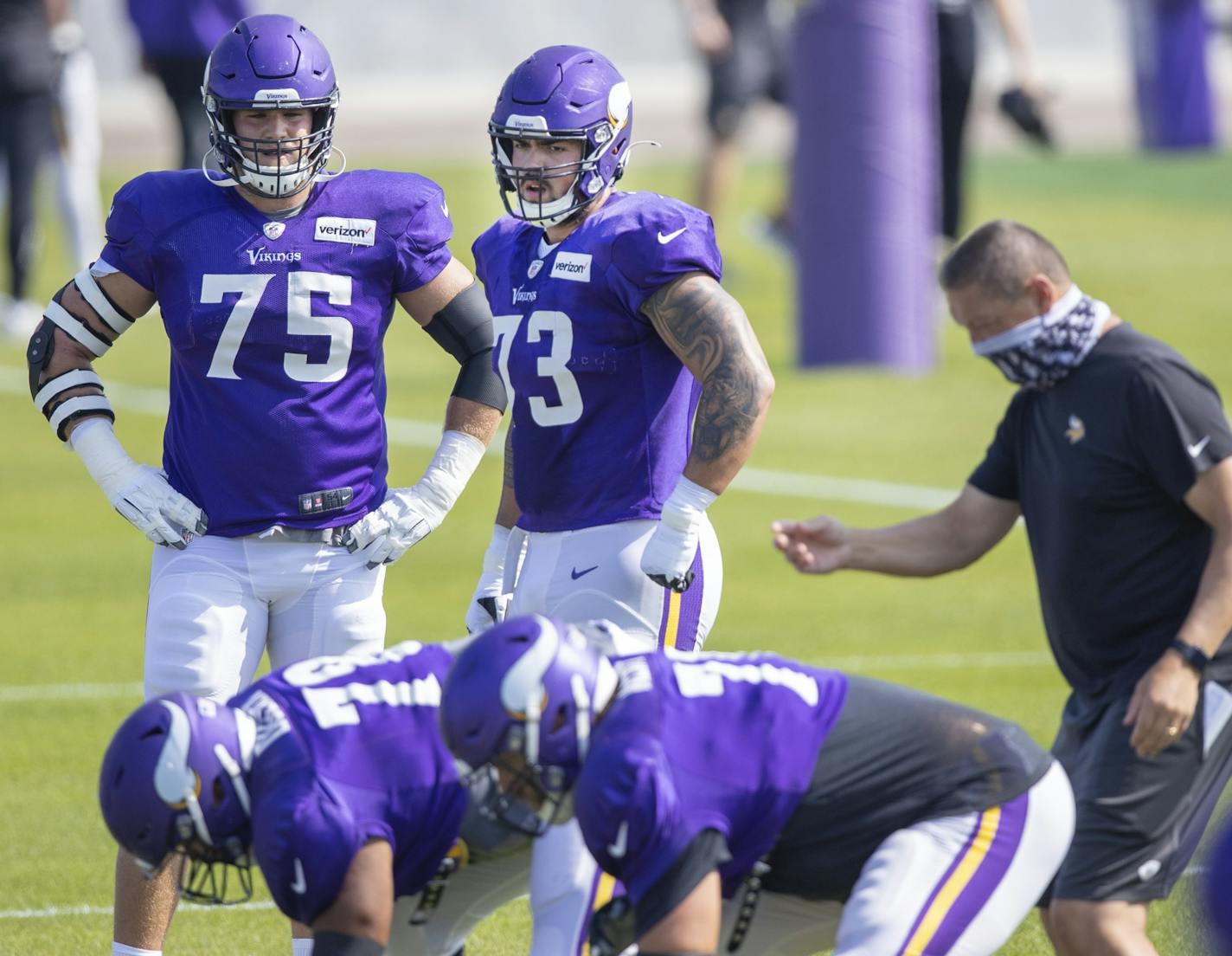 Vikings offensive guard Dru Samia, right, and offensive tackle Brian O'Neill, left, at practice at TCO Performance Center, Wednesday, September 23, 2020 in Eagan, MN.