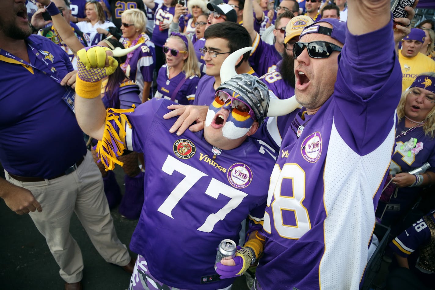 Tom Nickerson, left, and Grant Sparks enjoyed tailgating at the Vikings home opener at TCF Bank Stadium on Sunday September 20, 2015 in Minneapolis.