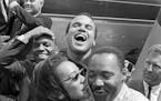 Martin Luther King with wife Coretta, Nipsey Russell and Harry Belafonte at an Alabama airport in 1963.