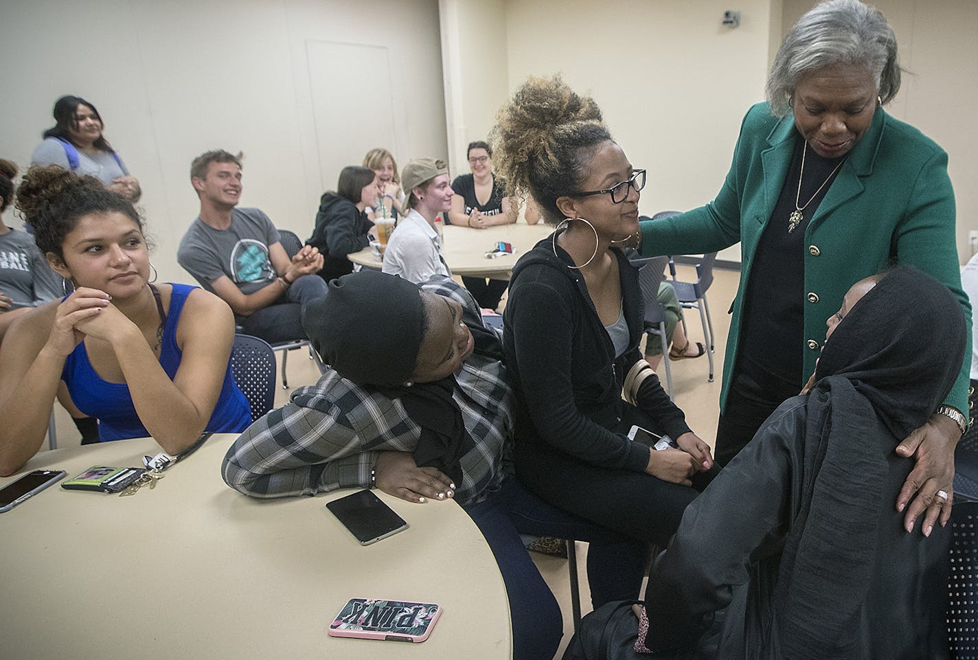 Hamline University President Fayneese Miller spoke Monday with students about her experience growing up near Charlottesville, Va.