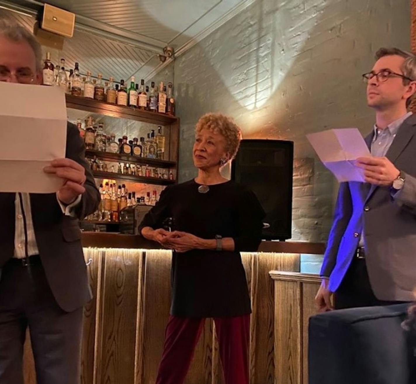 Previous NBCC winners Christopher Bonanos, Margo Jefferson and Anthony Marra announce this year's finalists for the awards. (Photo by Kerri Arsenault)