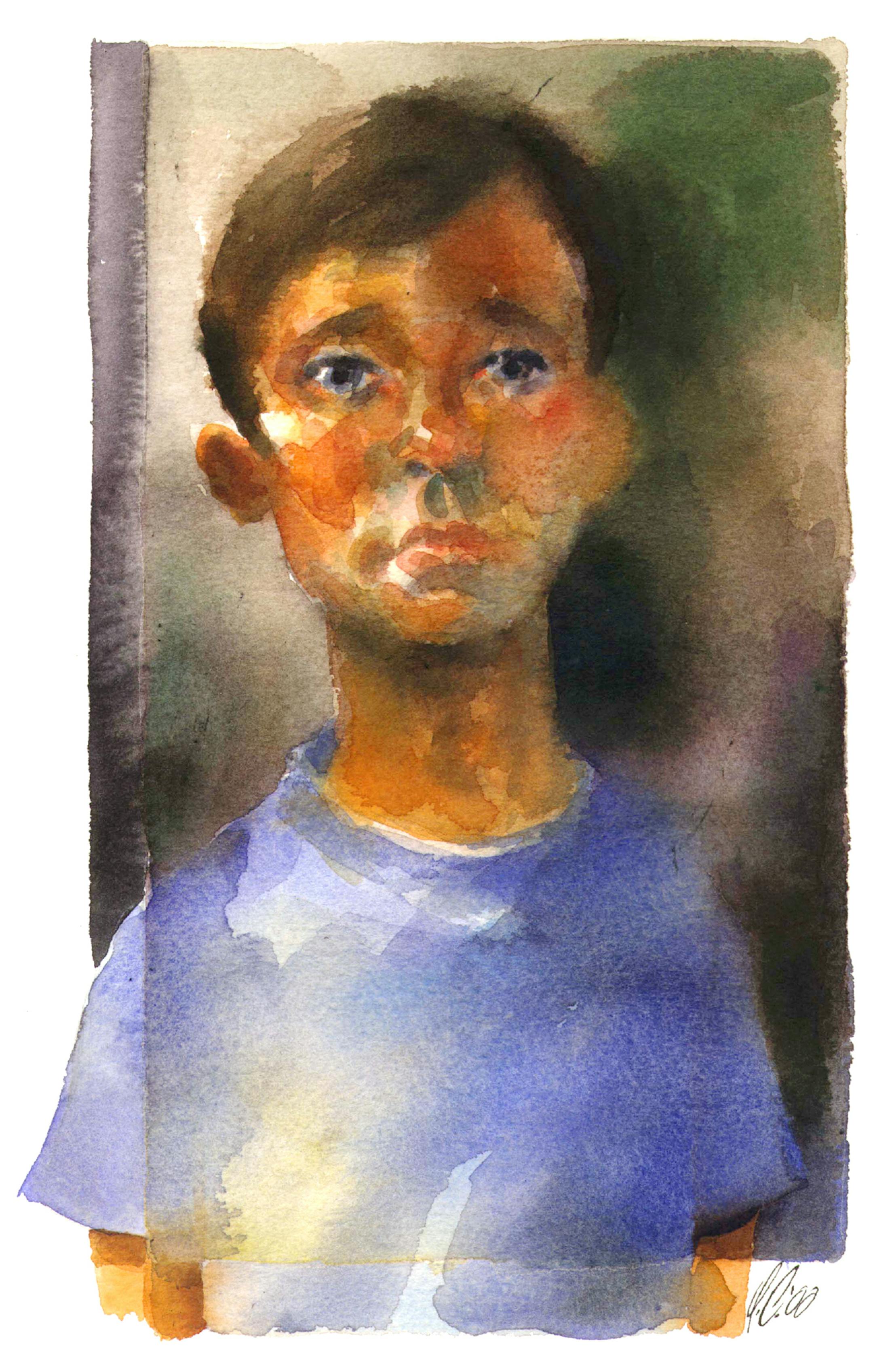 300 dpi 3 col. x 10 inches/164x254 mm/558x864 pixels Don Coker color illustration of a sad-eyed young boy. For use with stories on domestic abuse. Columbus Ledger-Enquirer 2000