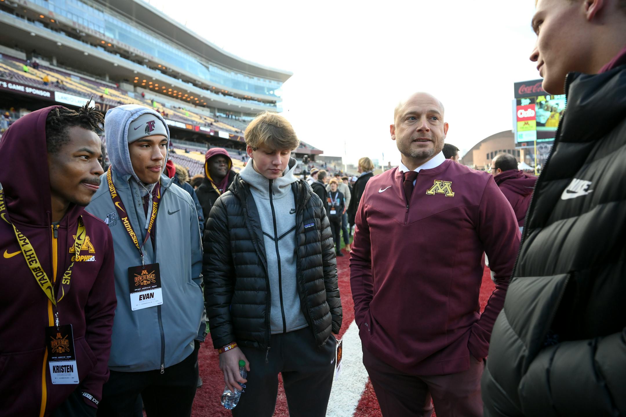 Minnesota Gophers head coach P.J. Fleck spoke with recruits before the start of an NCAA football game between the Minnesota Gophers and the Wisconsin Badgers Saturday, Nov. 27, 2021 at Huntington Bank Stadium in Minneapolis, Minn. ] AARON LAVINSKY • aaron.lavinsky@startribune.com