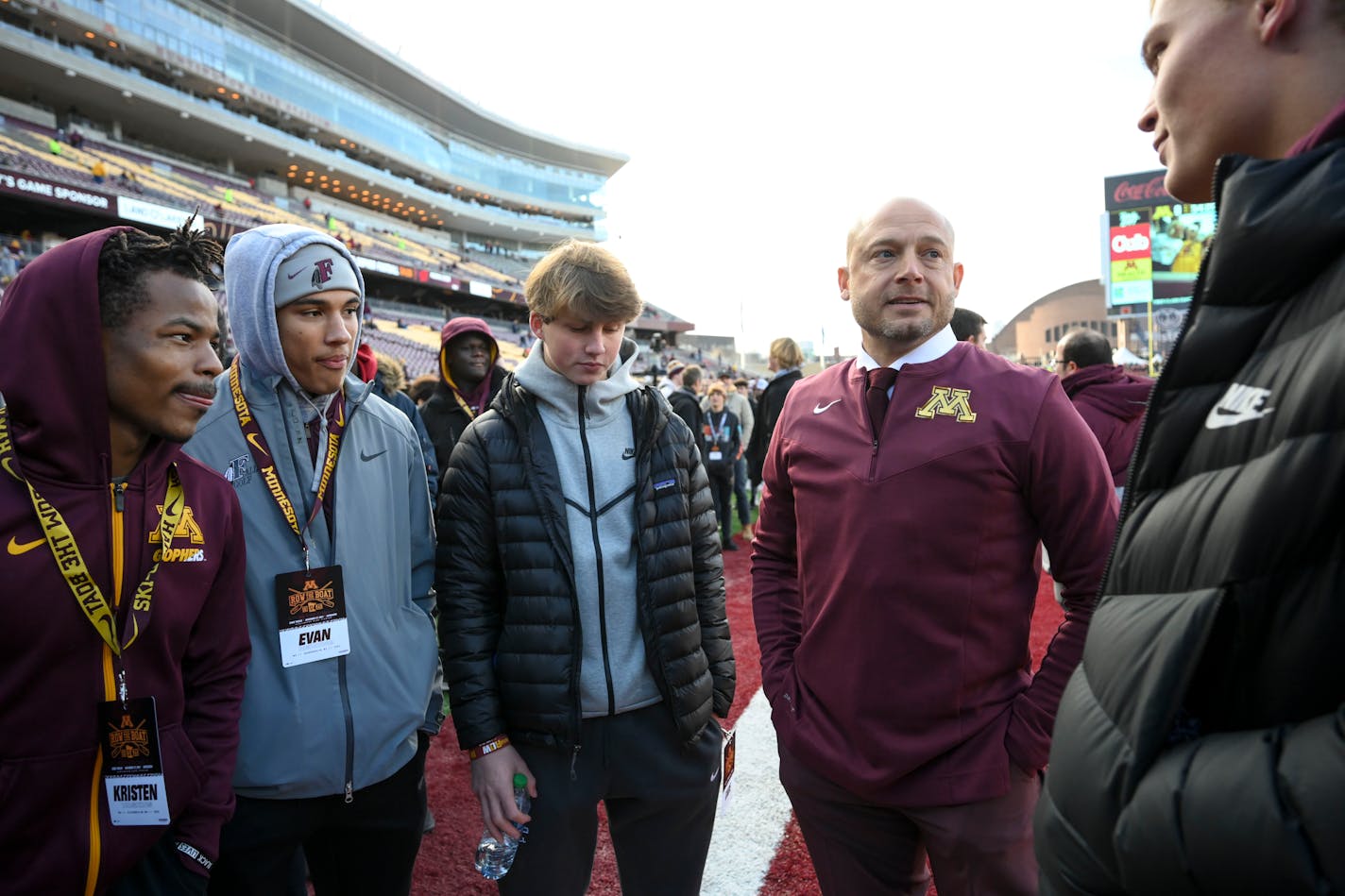 Minnesota Gophers head coach P.J. Fleck spoke with recruits before the start of an NCAA football game between the Minnesota Gophers and the Wisconsin Badgers Saturday, Nov. 27, 2021 at Huntington Bank Stadium in Minneapolis, Minn. ] AARON LAVINSKY • aaron.lavinsky@startribune.com