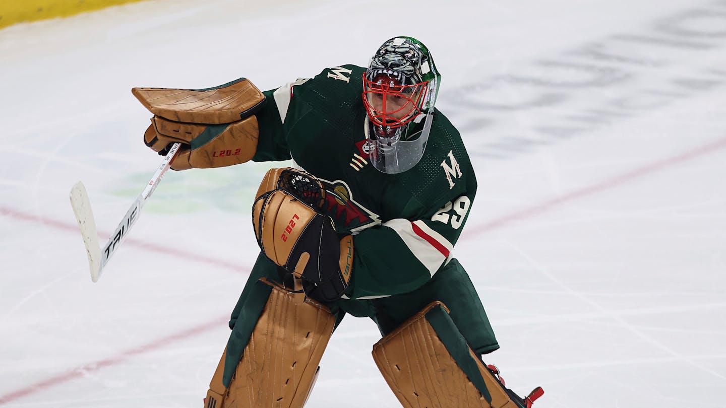 Minnesota Wild goaltender Marc-Andre Fleury (29) in action during the first period of an NHL hockey game against the Los Angeles Kings, Sunday, April 10, 2022, in St. Paul, Minn. (AP Photo/Stacy Bengs)