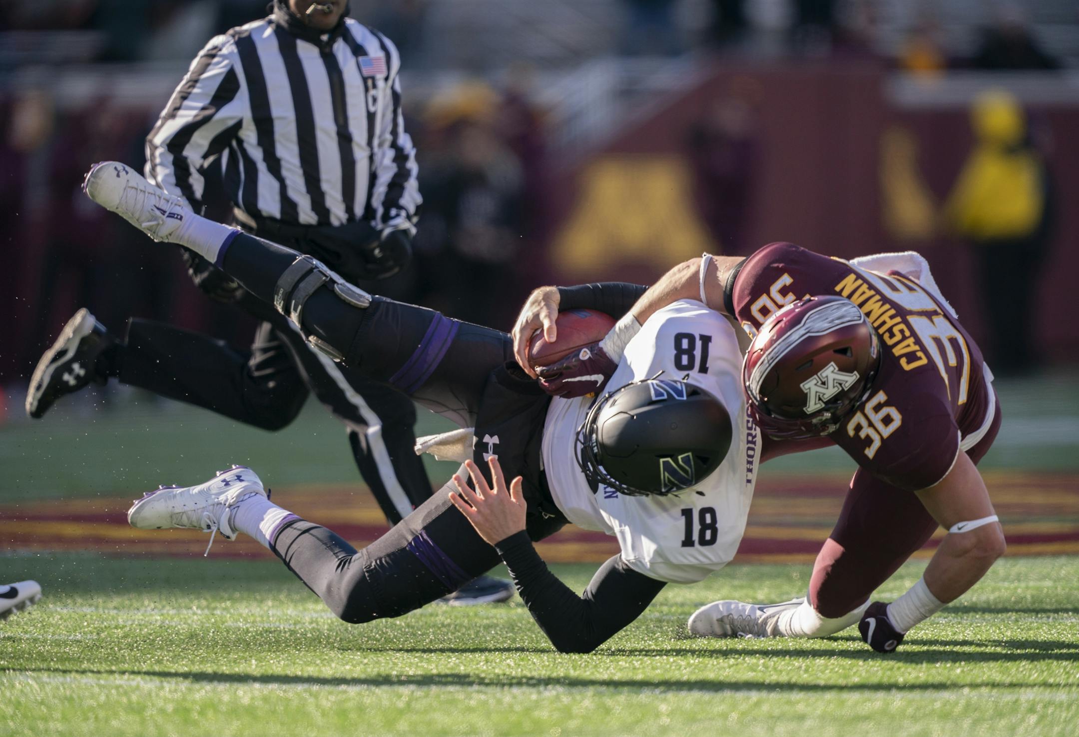 Minnesota's linebacker Blake Cashman sacked Northwestern's quarterback Clayton Thorson during the second quarter as Minnesota took on Northwestern at TCF Stadium, Saturday, November 17, 2018 in Minneapolis, MN.