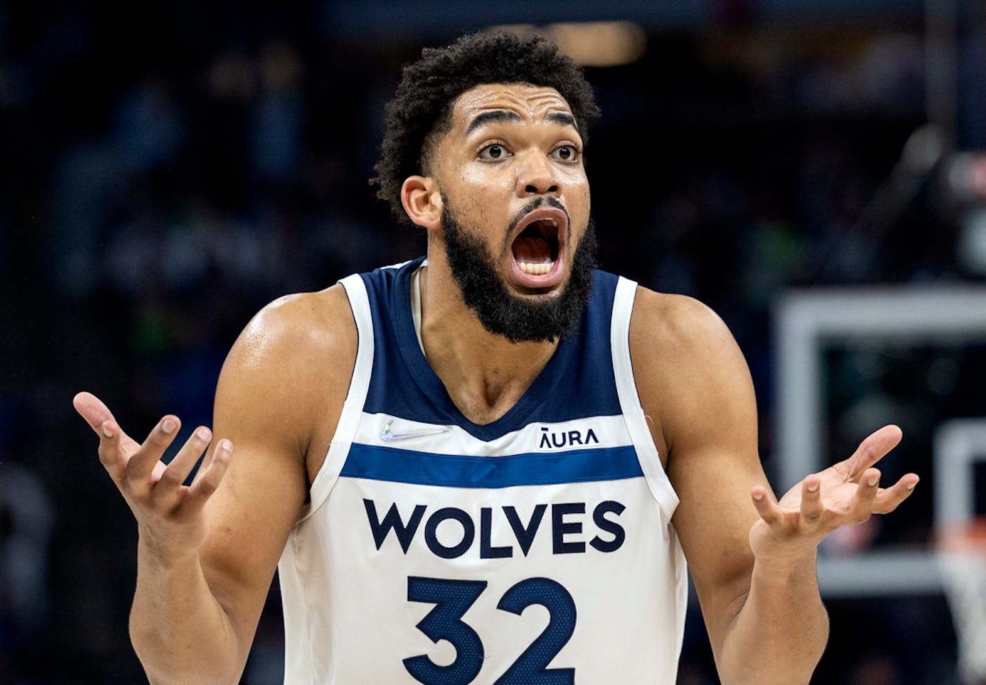 Karl Anthony-Towns reacts after being called for a foul in the third quarter Tuesday.