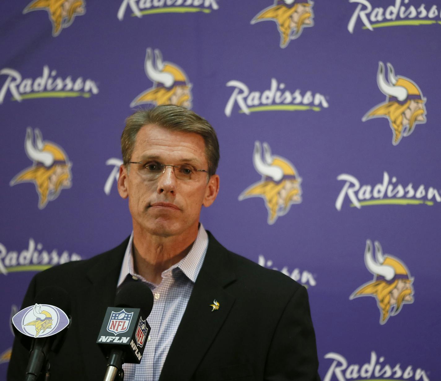 Vikings general manger Rick Spielman talked with reporters about the decision to play Adrain Peterson Sunday at New Orleans Monday September 15 , 2014 in Eden Prairie ,MN. ] Jerry Holt Jerry.holt@startribune.com