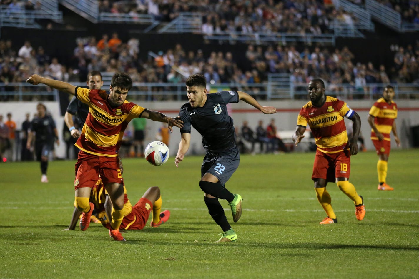 United player Kevin Venegas (22) in the April 16 game vs. Fort Lauderdale. Venegas will miss Saturday's match vs. the same team because of injury..