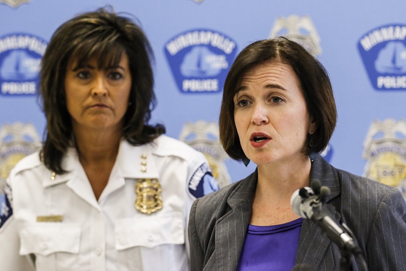 Minneapolis Police Chief Janeé Harteau, left, and Mayor Betsy Hodges, speak at a news briefing Thursday about a protest the previous night in downtown Minneapolis.