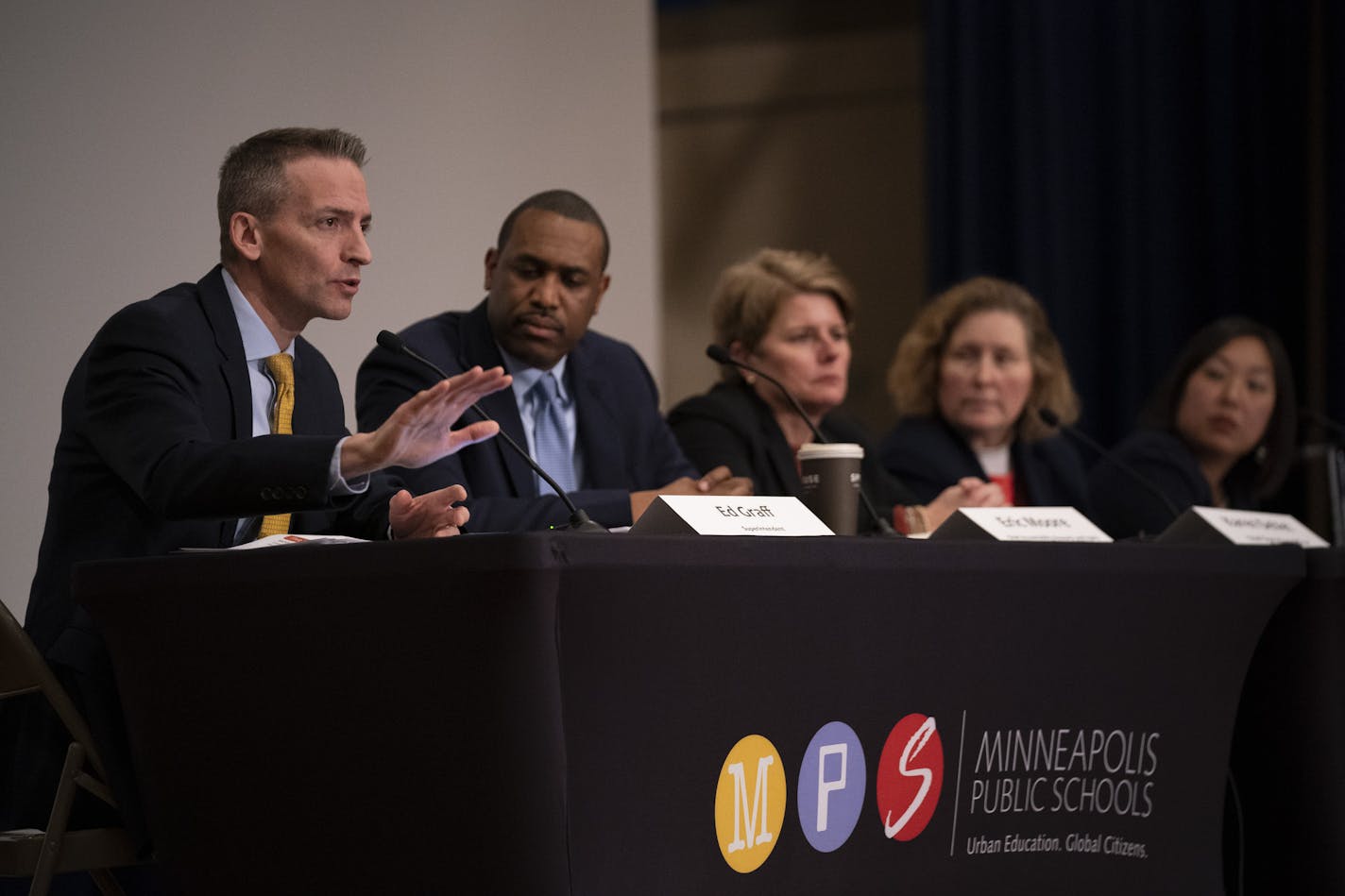 Superintendent Ed Graff addressed one of the questions submitted by the audience in attendance. On the panel with him were, from left, Eric Moore, Chief Accountability, Research and Equity, Karen DeVet, Chief Operations Officer, Rochelle Cox, Associate Superintendent of Special Education, and Aimee Fearing, Chief Academic Officer. ] JEFF WHEELER &#x2022; Jeff.Wheeler@startribune.com Minneapolis Public Schools leaders held a community meeting Monday night, January 27, 2020 at Northeast Middle Sch