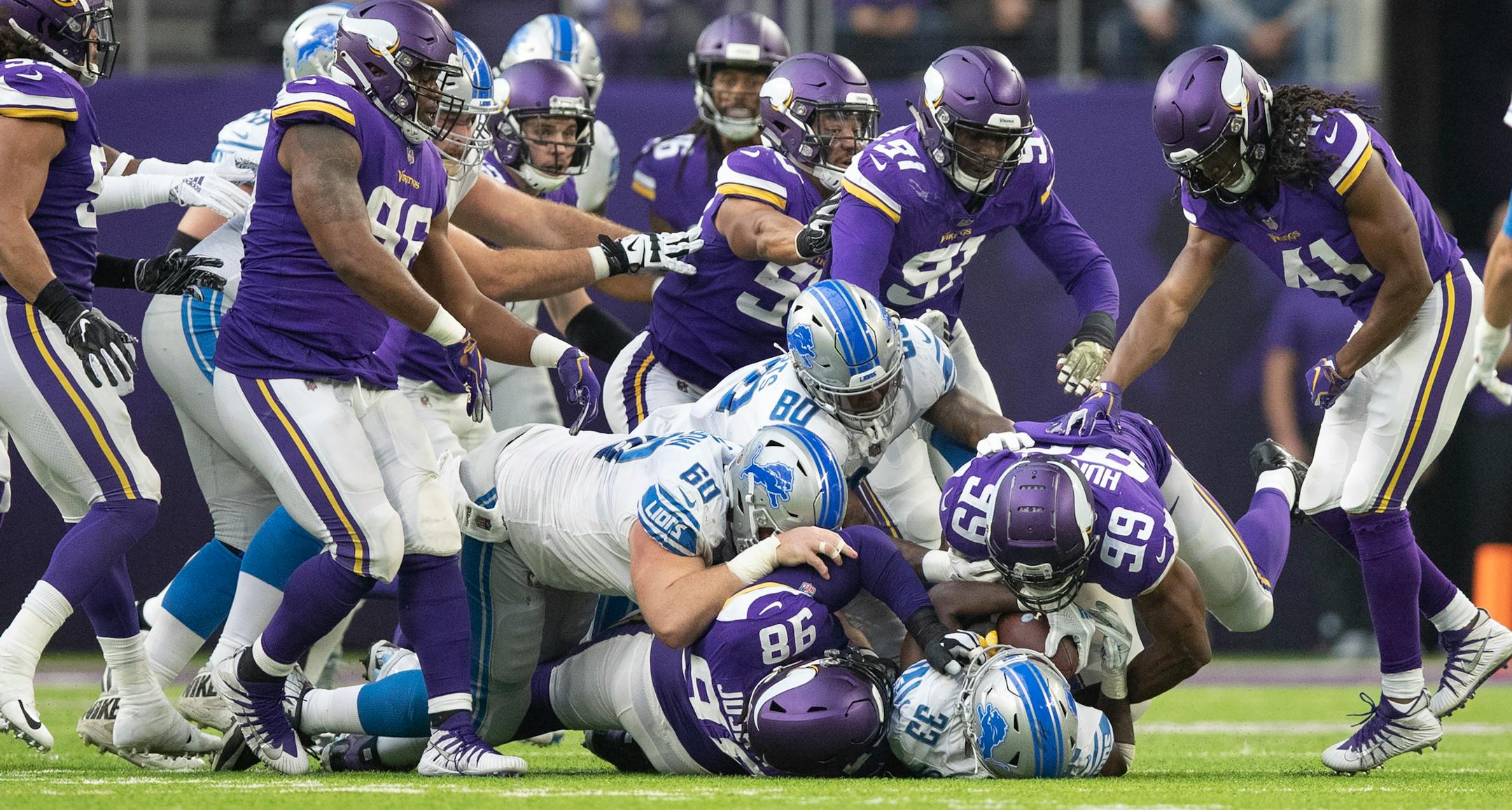 At its best, the Vikings front four can be a disruptive bunch, as Lions running back Kerryon Johnson found out last month when he was tackled for no gain by Danielle Hunter (99) and Linval Joseph (98).