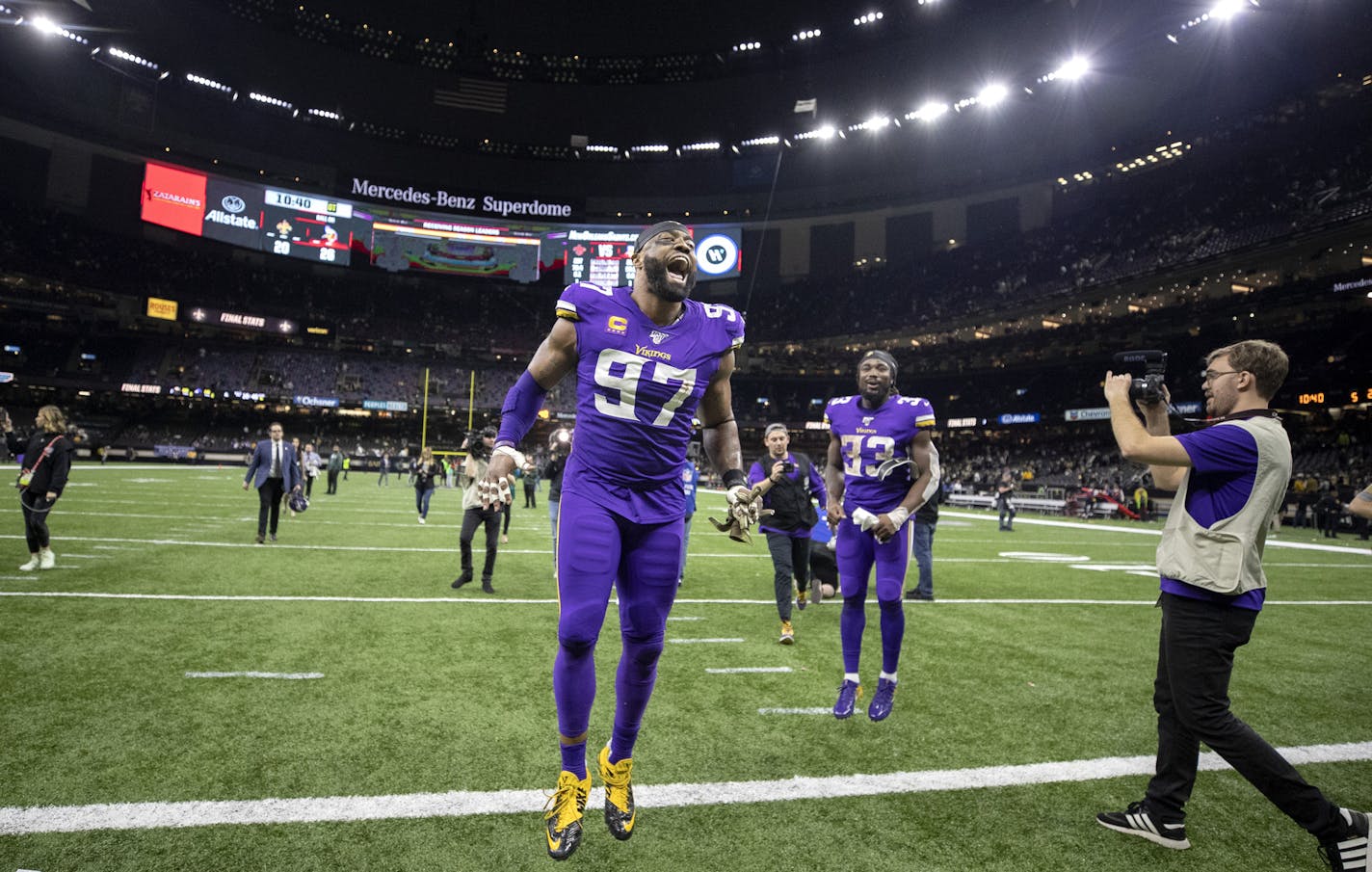 Minnesota Vikings defensive end Everson Griffen (97) and running back Dalvin Cook (33) celebrated the overtime win.] Jerry Holt &#x2022; Jerry.Holt@startribune.com The Minnesota Vikings played the New Orleans Saints in an NFL wild card playoff football game Sunday, January 5, 2020 at Mercedes-Benz Superdome in New Orleans, LA.