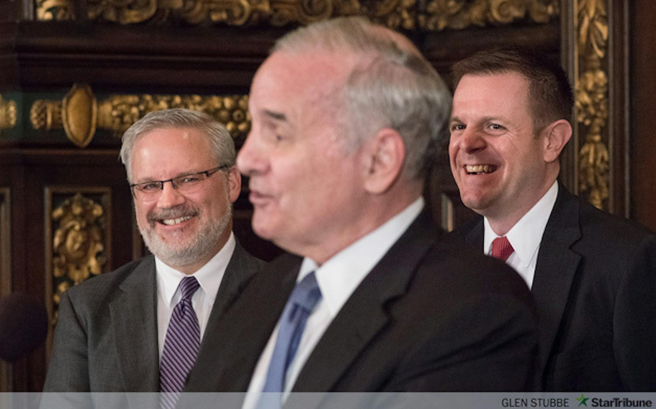 Governor Mark Dayton, Pollution Control Commissioner John Linc Stine and IRRRB Commissioner Tony Sertich spoke about the government streamlining effort at a state Capitol news conference.