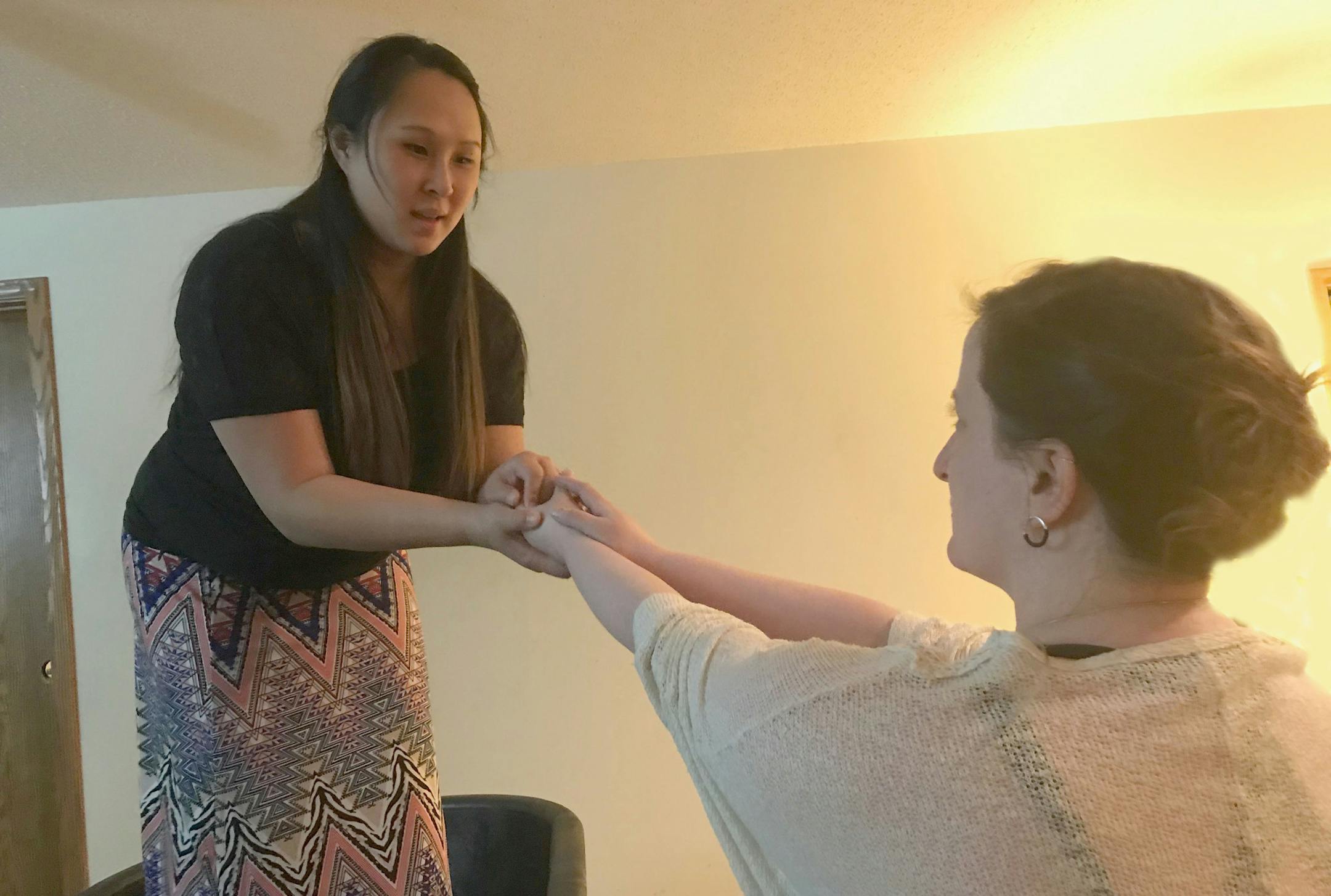 Megan Kim Anderson and Danielle Kiminsky rehearse a scene from "The Drowning Girls," a drama about a real-life serial killer.