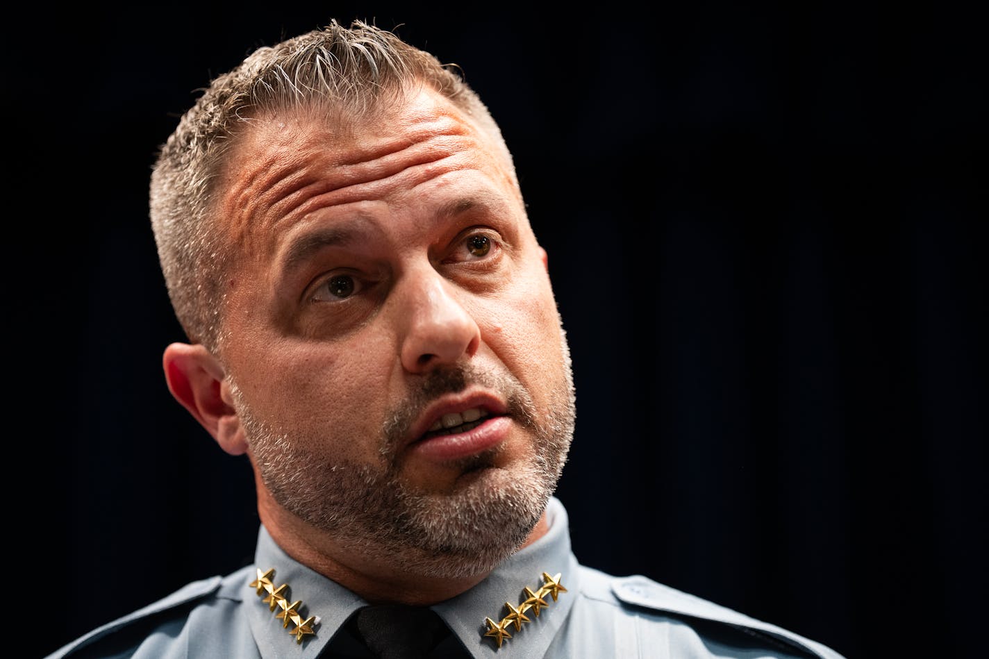 Minneapolis Police Chief Brian O'Hara announces charges against fourteen Minneapolis gang members with possession of machine guns, fentanyl trafficking and firearms violations at a press conference inside the federal courthouse in Minneapolis, Minn., on Wednesday, Aug. 16, 2023.