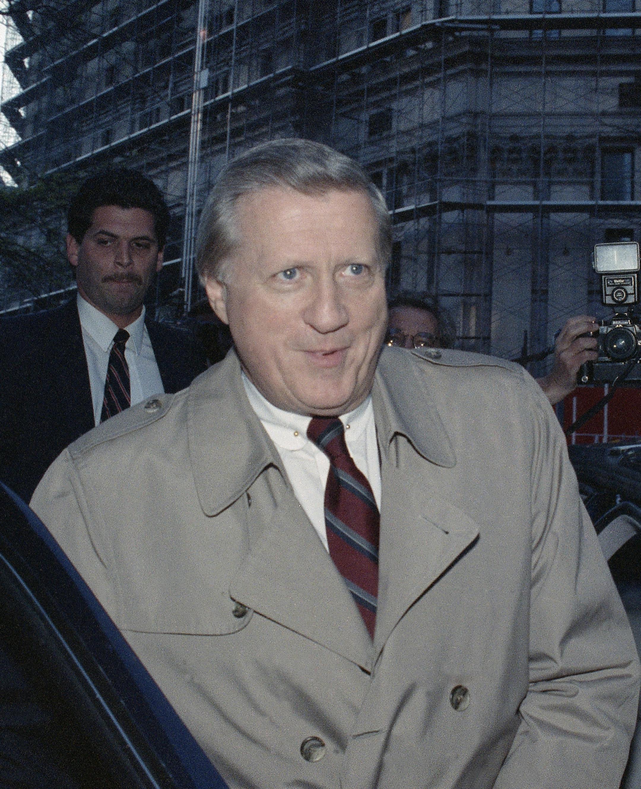George Steinbrenner, owner of the New York Yankees, leaves Federal Court in lower Manhattan, New York, Tuesday, April 24, 1991, after testifying at the extortion trial of gambler Howard Spira. Steinbrenner, known for his tough management style, fought to hold back tears during testimony on his dealing with Spira. (AP Photo/Mike Alexander) ORG XMIT: APHS278016
