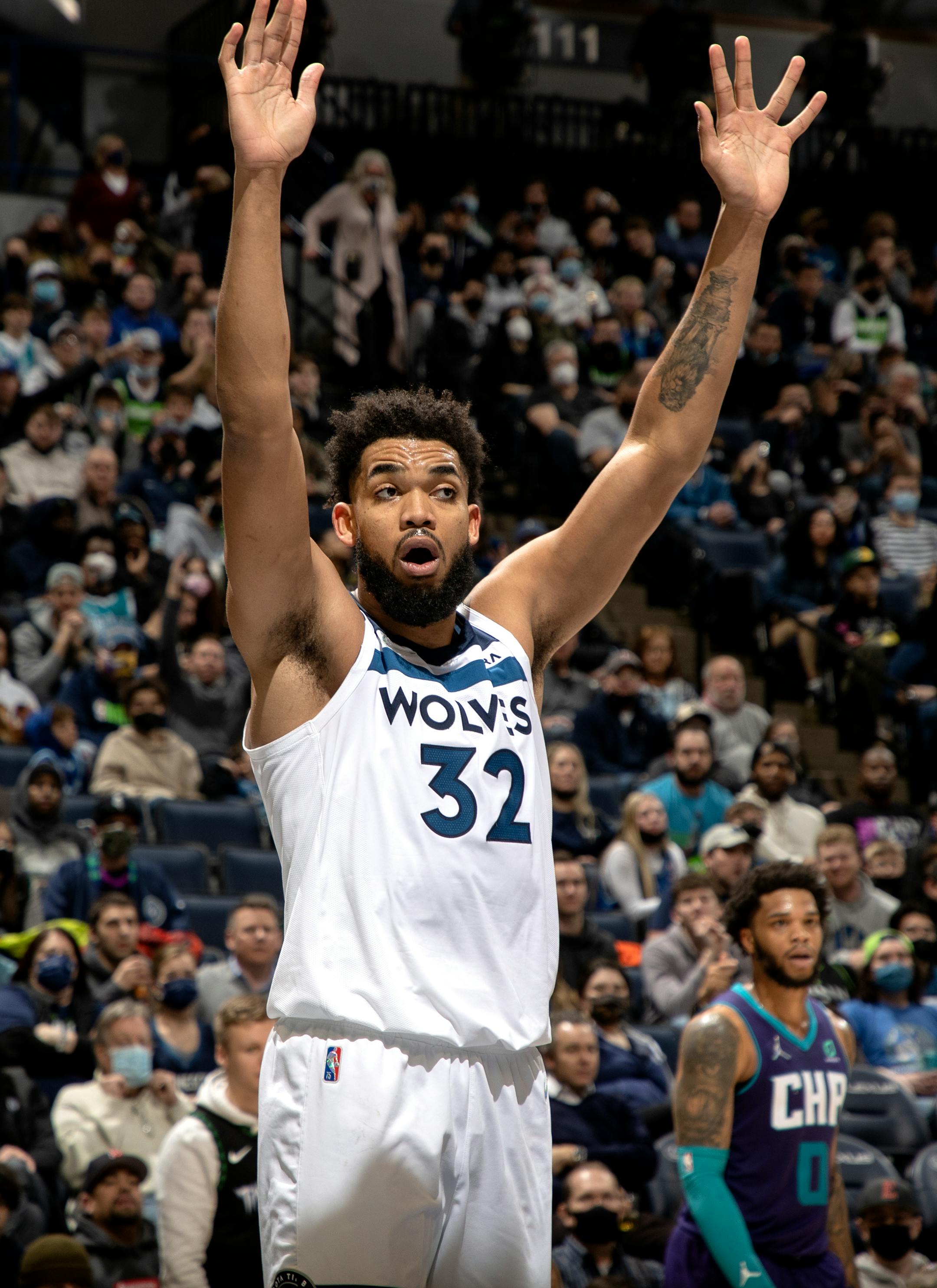 Karl Anthony-Towns (32) of the Minnesota Timberwolves reacts after being called for a foul in the third quarter Tuesday, Feb. 15, at Target Center in Minneapolis, Minn. ] CARLOS GONZALEZ • cgonzalez@startribune.com
