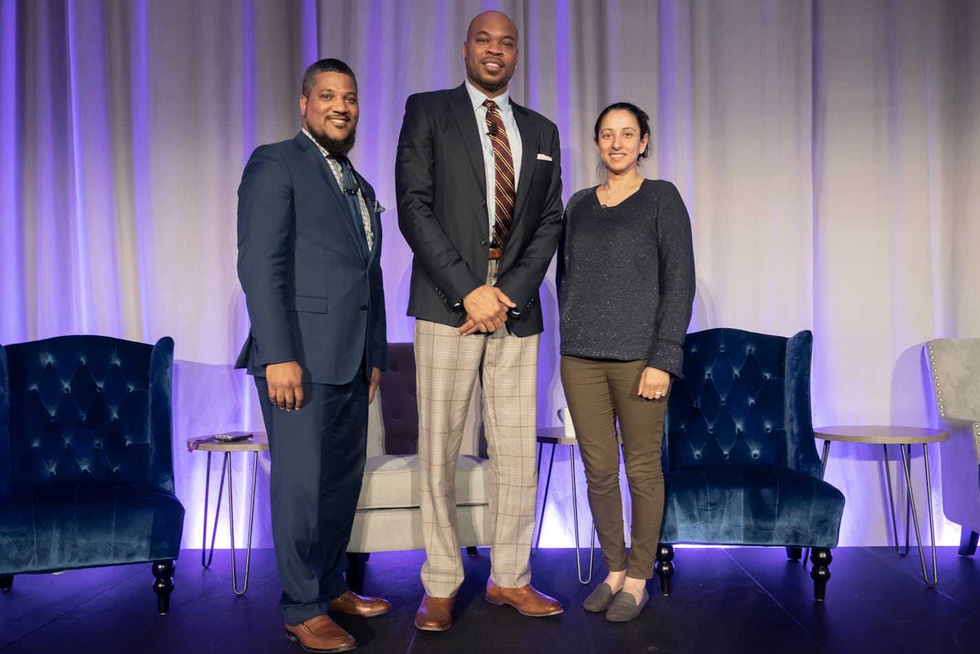 Owner-architect Jamil Ford of Mobilize Design & Architecture; Real estate developer Devean George of George Group and Aneela Kumar, co-founder of HabitAware joined with 300 business and nonprofit representatives to focus on policies and practices that lead to a more minority-inclusive economy that business-supported Center for Economic Inclusion maintains will help close racial disparities in education, opportunity and income and drive Twin Cities-area economic growth. Photo: Caroline Yang for C