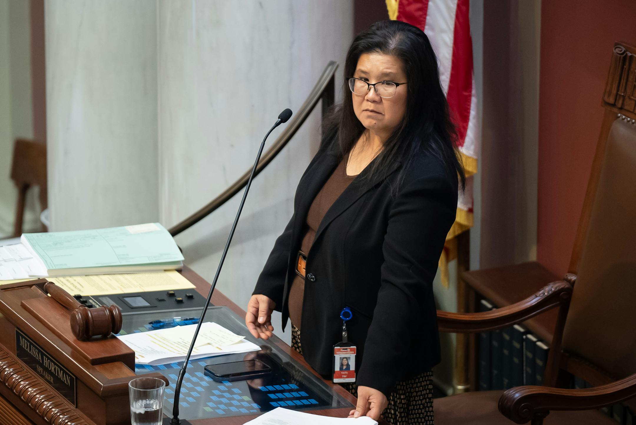 Rep. Kaohly Vang Her, DFL-St. Paul fills in for Speaker Hortman during a recent floor session. She is the author of pension reform legislation. Wednesday, May 1, 2024  St. Paul, Minn.