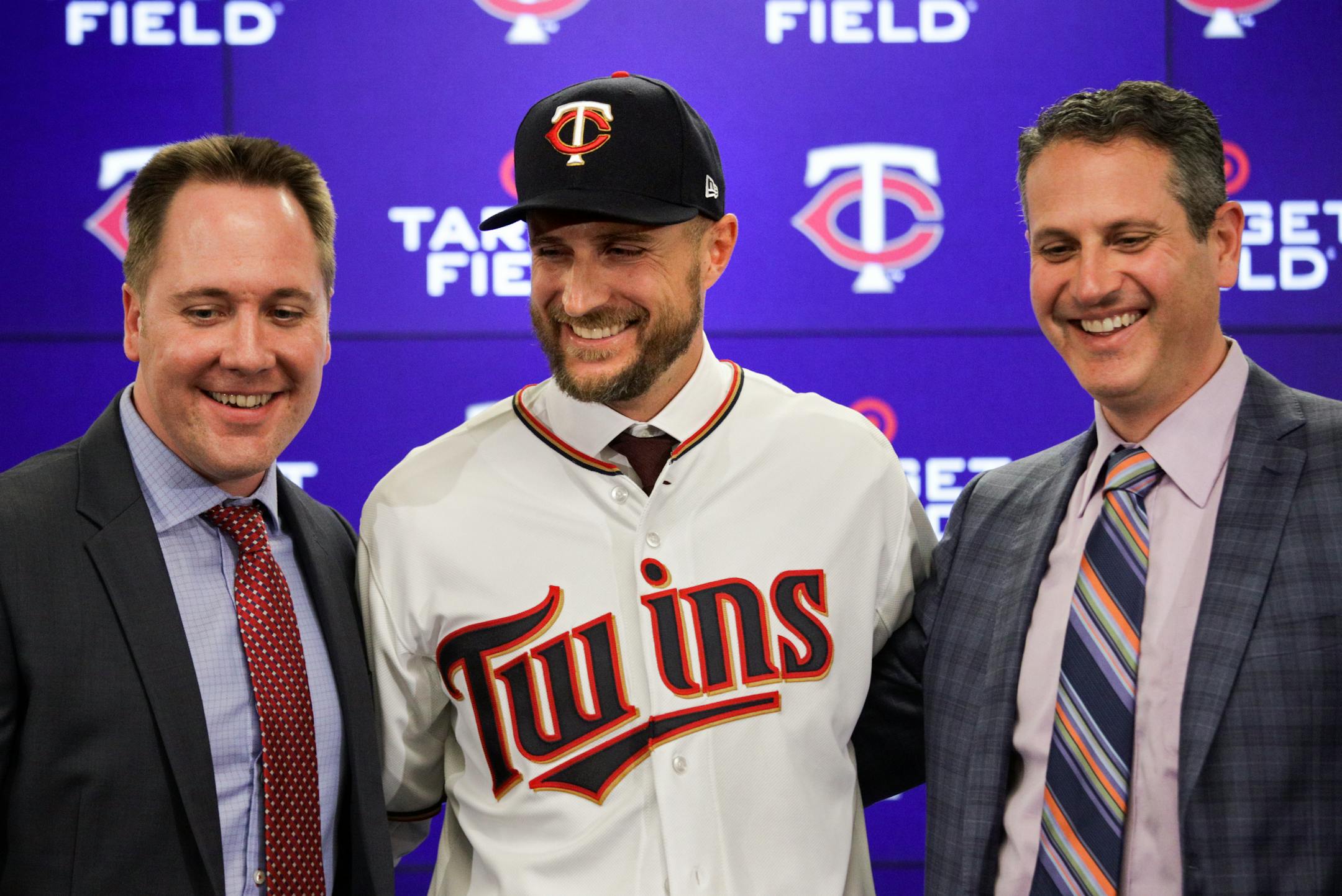 Twins manager Rocoo Baldelli at his introductory news conference with Derek Falvey, left, and Thad Levine.