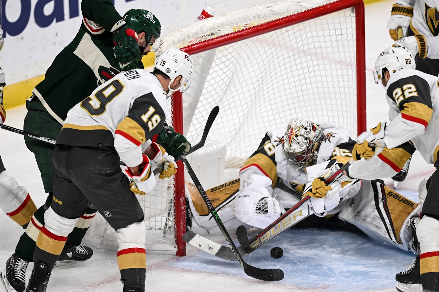 Vegas Golden Knights goaltender Logan Thompson (36) makes a save on a scoring attempt by Minnesota Wild defenseman Jake Middleton (5) during the second period of an NHL hockey game Thursday, Feb. 9, 2023 at the Xcel Energy Center in St. Paul, Minn. ] AARON LAVINSKY • aaron.lavinsky@startribune.com