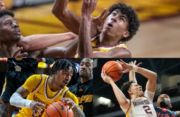 Cam Christie (top), Elijah Hawkins (left) and Mike Mitchell Jr. (right) are the Gophers’ three-headed attack at point guard this season. 