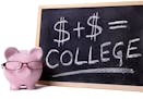 Pink piggy bank with glasses standing next to a blackboard with simple college savings or fees formula. Alternative version shown below: [url=/search/