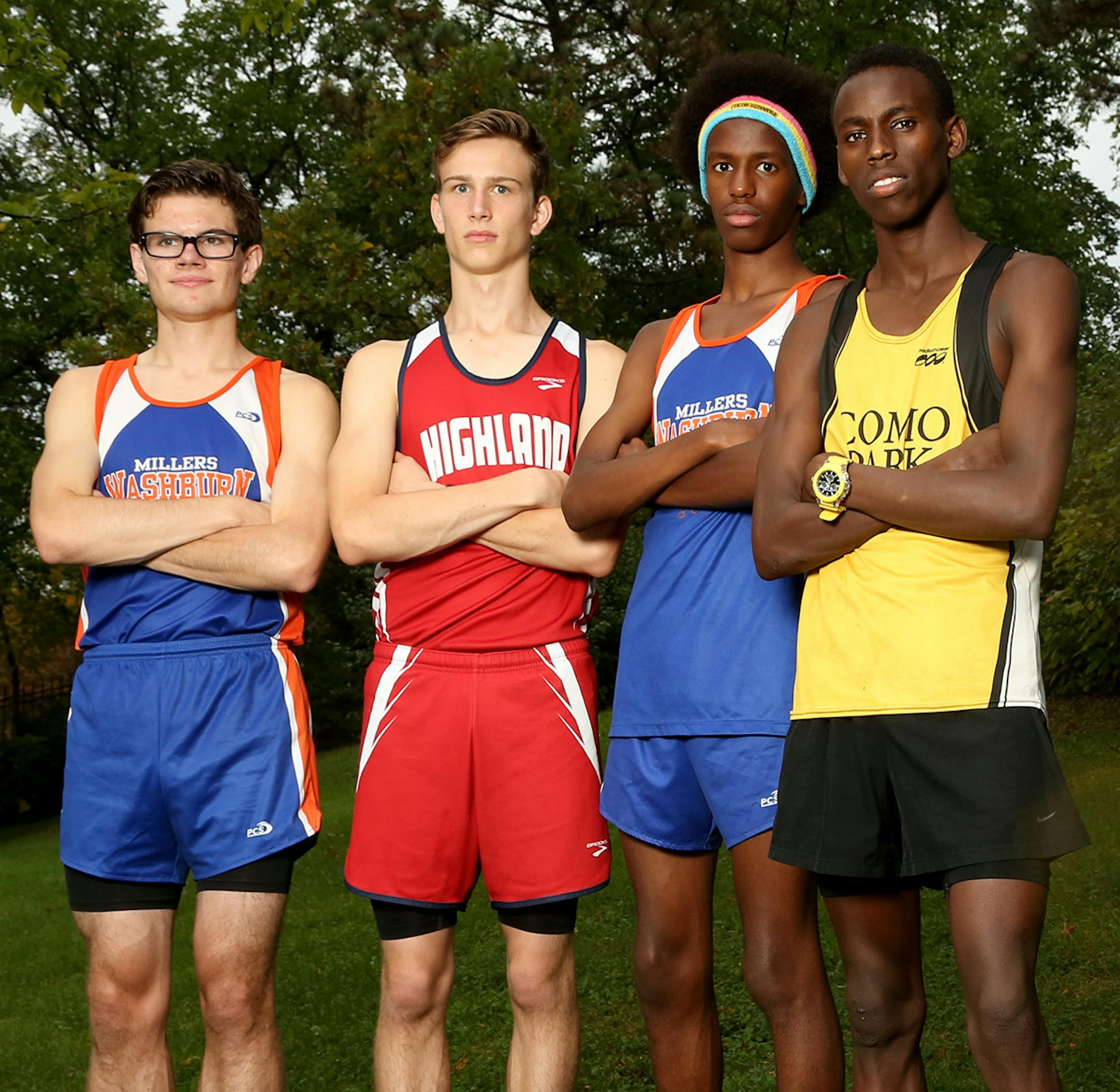 Cross country runners from left, Andrew Sell of Washburn, Micah Mather of St. Paul Highland Park,Hamza Ali of Washburn and Innocent Murwanashyaka of St. Paul Como Park. ] (KYNDELL HARKNESS/STAR TRIBUNE) kyndell.harkness@startribune.com in Minneapolis Min., Tuesday September 23, 2015.