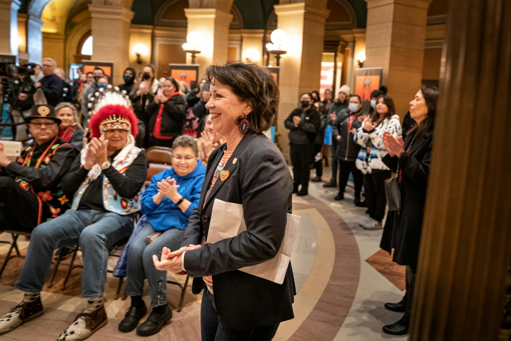 Rep. Mary Kunesh, DFL-New Brighton, who is pushing the bill in the House, spoke at the rally, Friday, March 25, 2022, St. Paul, Minn. Sixteen Twin Cities American Indian organizations held a rally at the Capitol to highlight the Clyde Bellecourt Urban Indigenous Legacy Initiative, a bill to construct 12 new facilities at a cost of $83.9 million, designed to address disparities facing Native Americans in the Twin Cities.