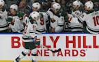 Minnesota Wild forward Tyler Ennis (63) celebrates his goal during the first period of an NHL hockey game against the Buffalo Sabres, Wednesday Nov. 2