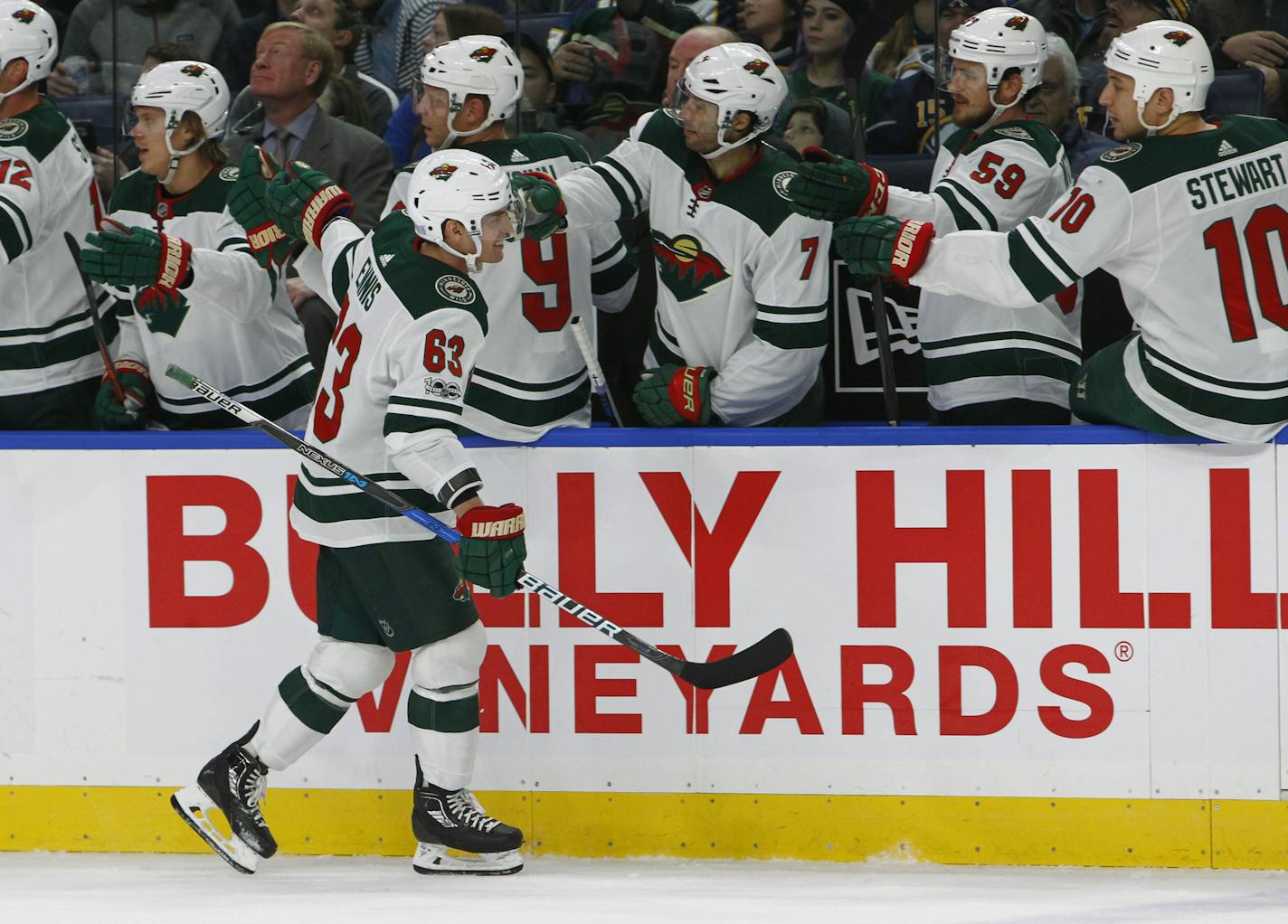 Minnesota Wild forward Tyler Ennis (63) celebrates his goal during the first period of an NHL hockey game against the Buffalo Sabres, Wednesday Nov. 22, 2017, in Buffalo, N.Y. (AP Photo/Jeffrey T. Barnes)